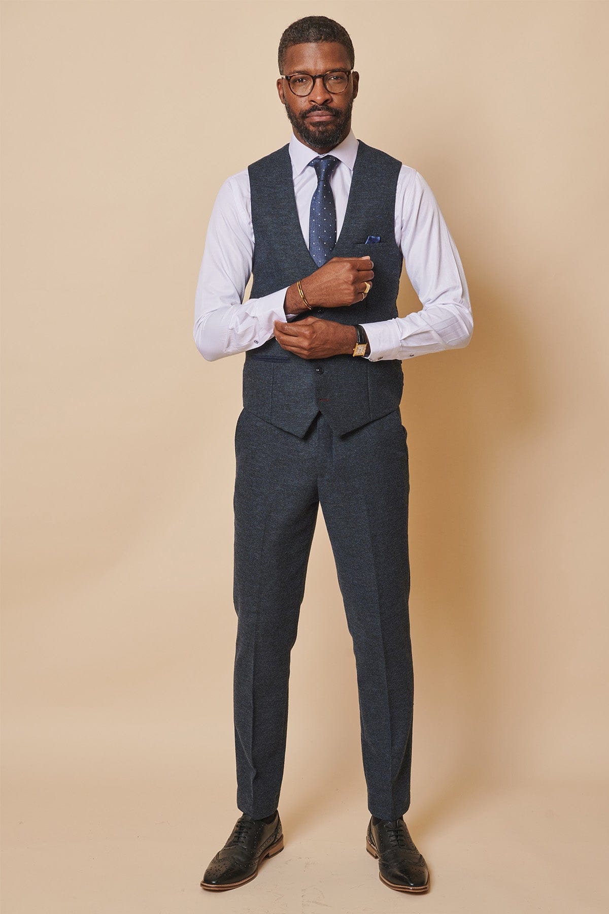 ceehuteey Men's 3 Pieces Navy Fashion Formal Tweed Wool Herringbone Notch Lapel Mens Suit (Blazer+vest+Pants)