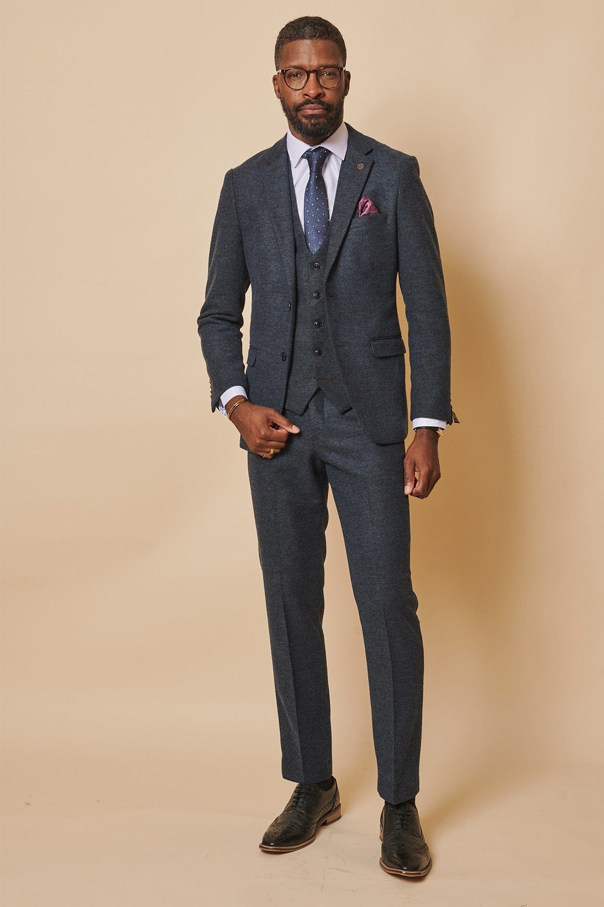 ceehuteey Men's 3 Pieces Navy Fashion Formal Tweed Wool Herringbone Notch Lapel Mens Suit (Blazer+vest+Pants)