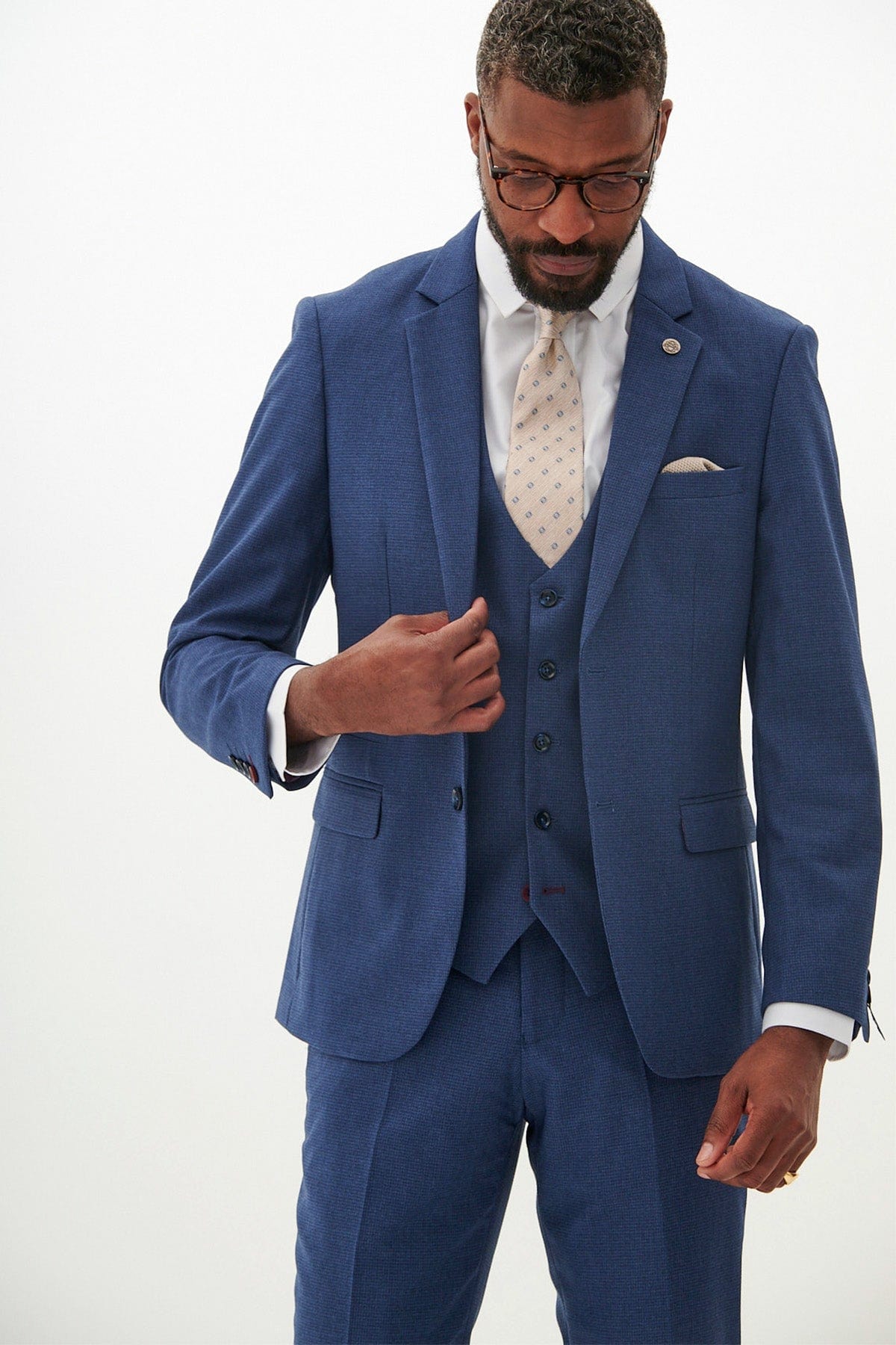 ceehuteey Men's 3 Pieces Navy Tweed Wool Herringbone Fashion Notch Lapel Suit (Blazer+Pants)