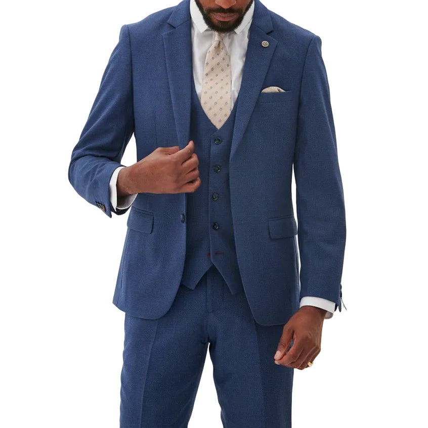 ceehuteey Men's 3 Pieces Navy Tweed Wool Herringbone Fashion Notch Lapel Suit (Blazer+Pants)