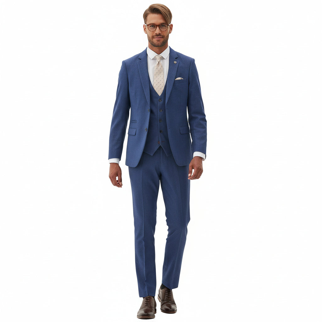 ceehuteey Men's 3 Pieces Navy Tweed Wool Herringbone Fashion Notch Lapel Suit (Blazer+Pants)