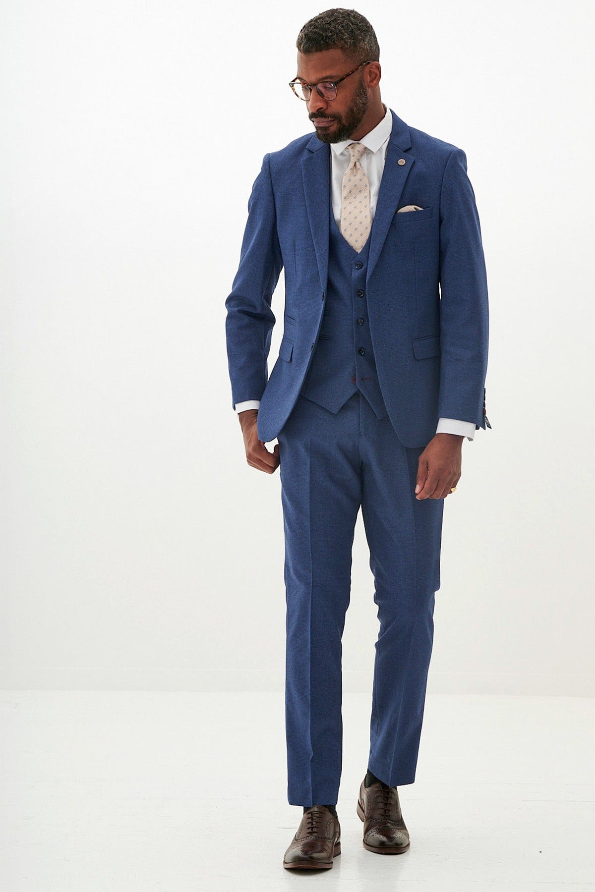 ceehuteey Men's 3 Pieces Navy Tweed Wool Herringbone Fashion Notch Lapel Suit (Blazer+Pants)
