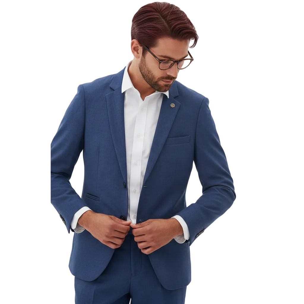 ceehuteey Men's 3 Pieces Navy Tweed Wool Herringbone Fashion Notch Lapel Suit (Blazer+Pants)