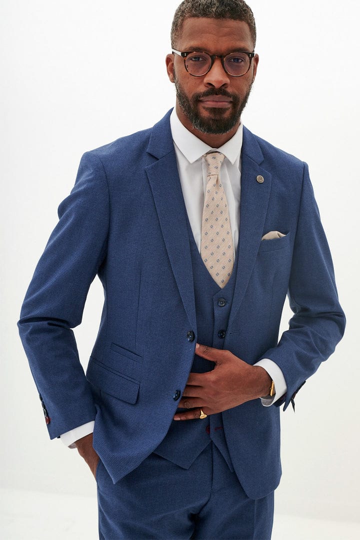 ceehuteey Men's 3 Pieces Navy Tweed Wool Herringbone Fashion Notch Lapel Suit (Blazer+Pants)