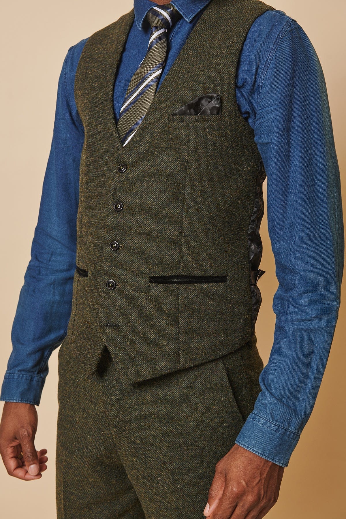 ceehuteey Men's 3 Pieces Olive Green Fashion Formal Tweed Wool Herringbone Notch Lapel Mens Suit (Blazer+vest+Pants)