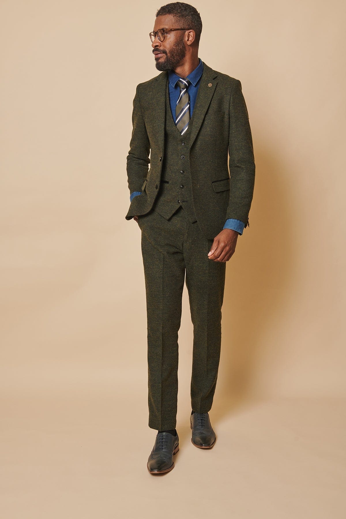 ceehuteey Men's 3 Pieces Olive Green Fashion Formal Tweed Wool Herringbone Notch Lapel Mens Suit (Blazer+vest+Pants)