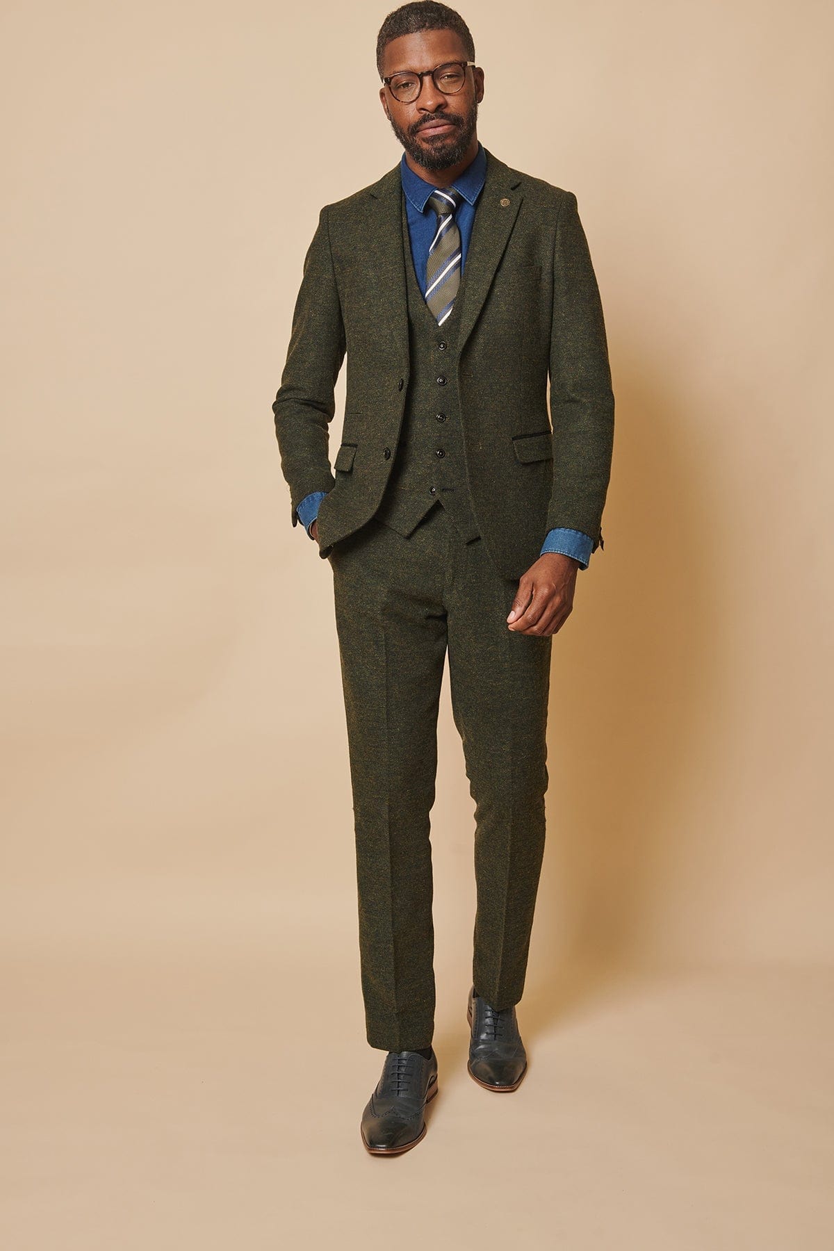 ceehuteey Men's 3 Pieces Olive Green Fashion Formal Tweed Wool Herringbone Notch Lapel Mens Suit (Blazer+vest+Pants)