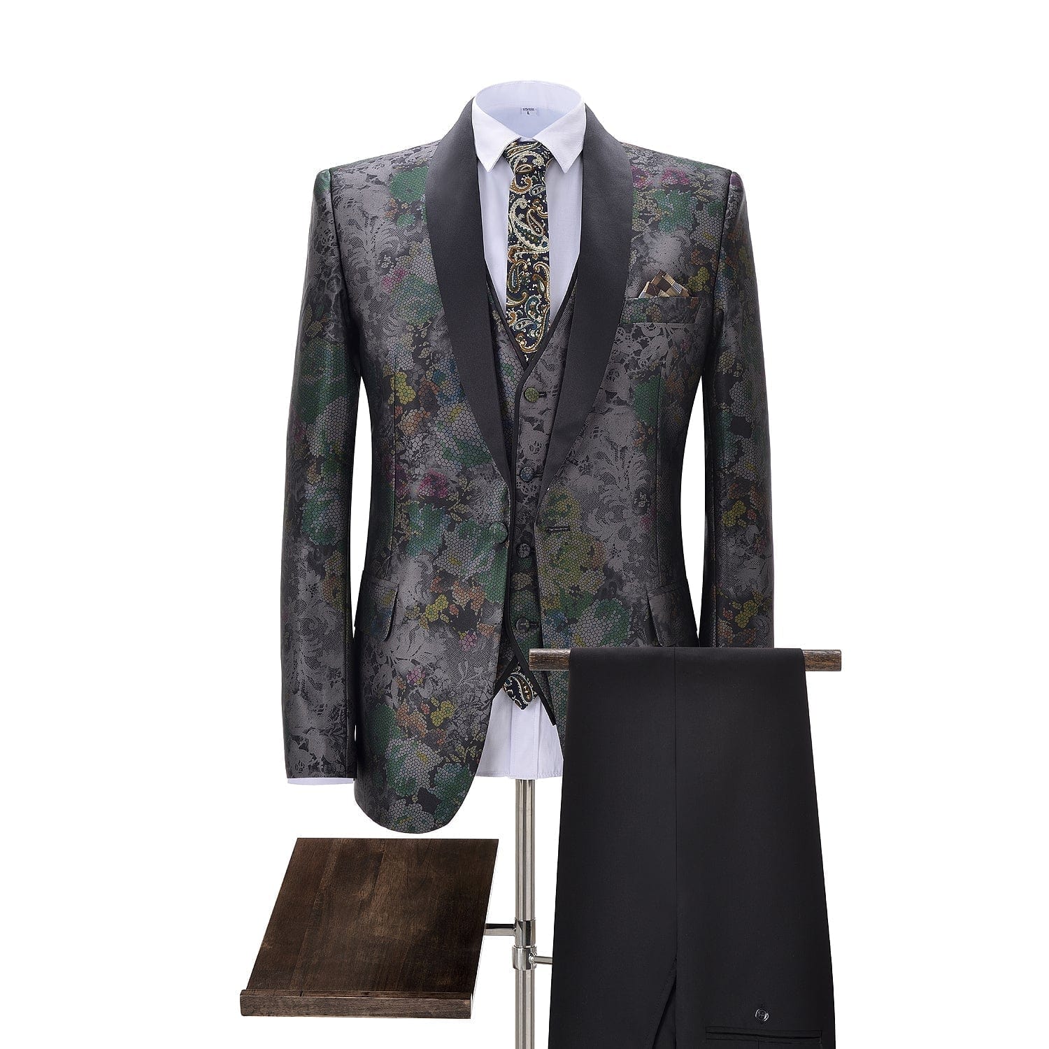 ceehuteey Men's 3 Pieces Peak Lapel Floral Tuxedos Wedding(Blazer+vest+Pants)