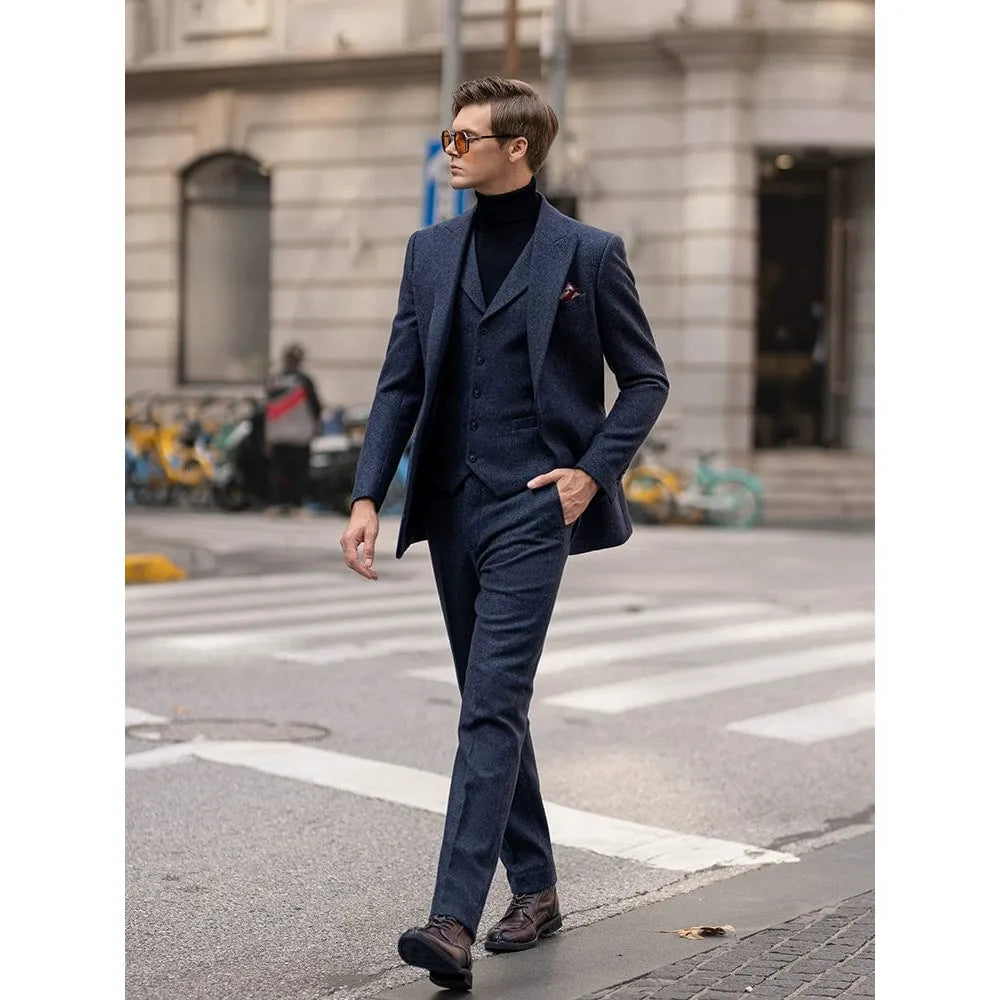 ceehuteey Men's 3 Pieces Peak lapel Herringbone Classic Fashion suit (Blazer+vest+Pants)