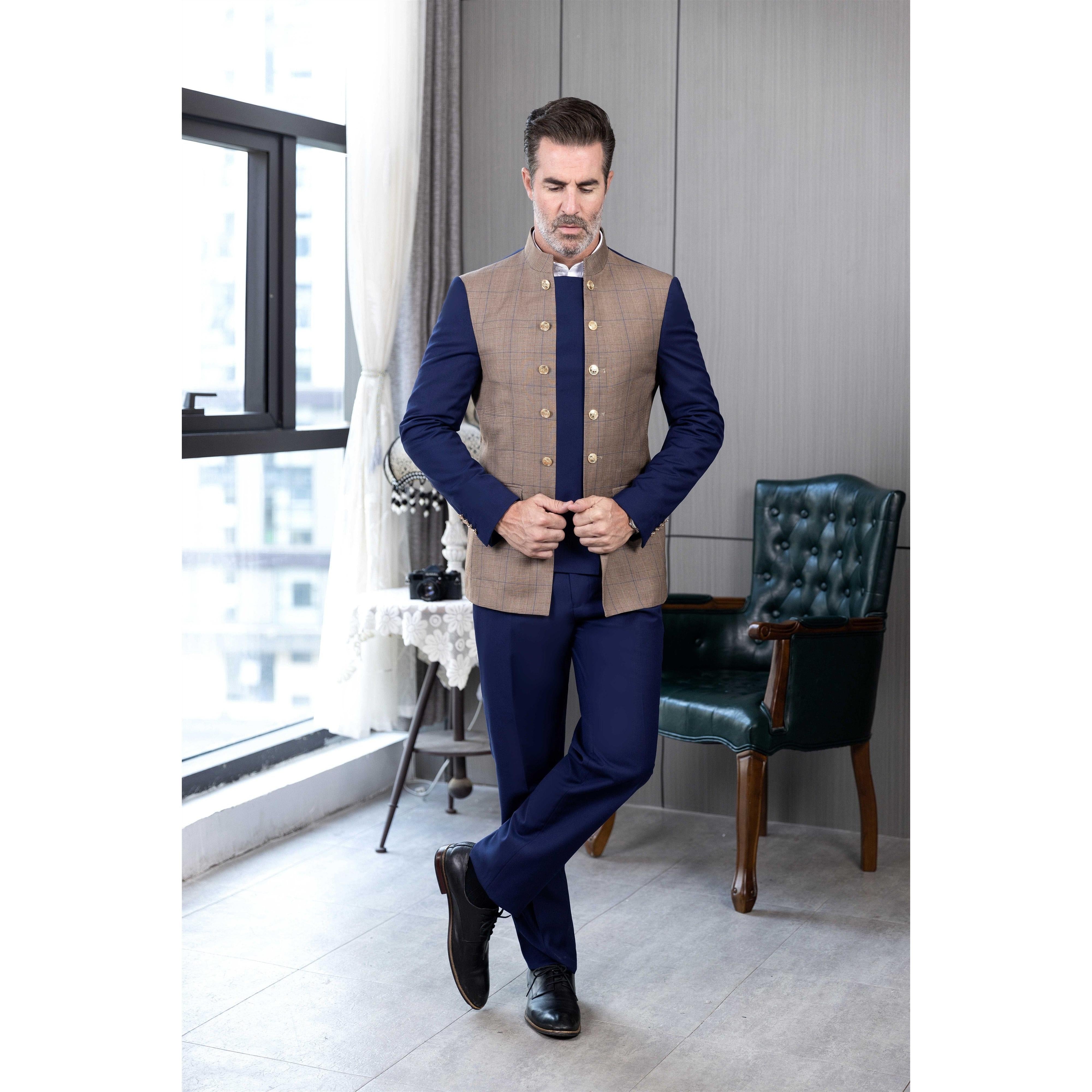 ceehuteey Men's 3 Pieces Stand Collar Chinese Classic Design Plaid Suits(Blazer+Pants)