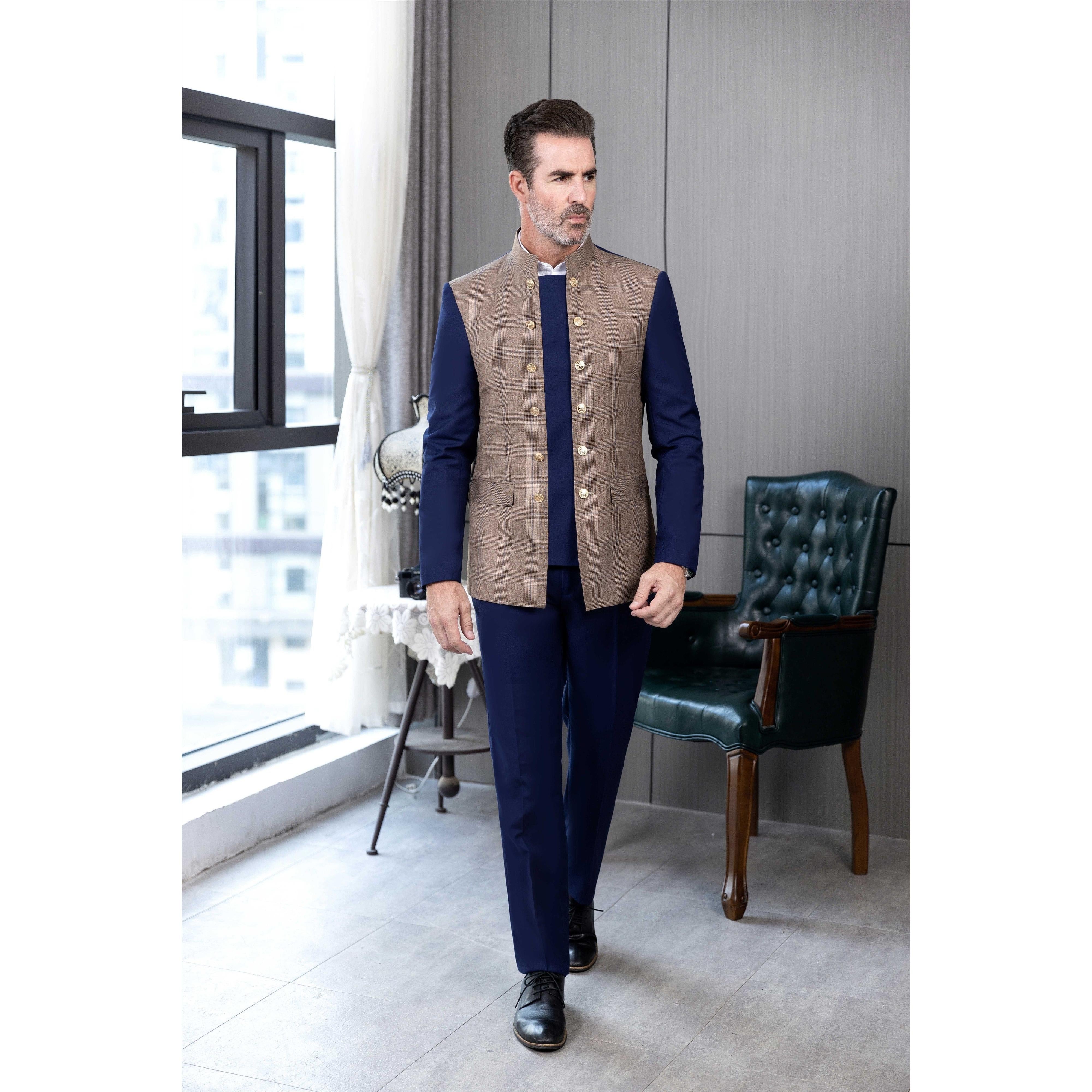 ceehuteey Men's 3 Pieces Stand Collar Chinese Classic Design Plaid Suits(Blazer+Pants)