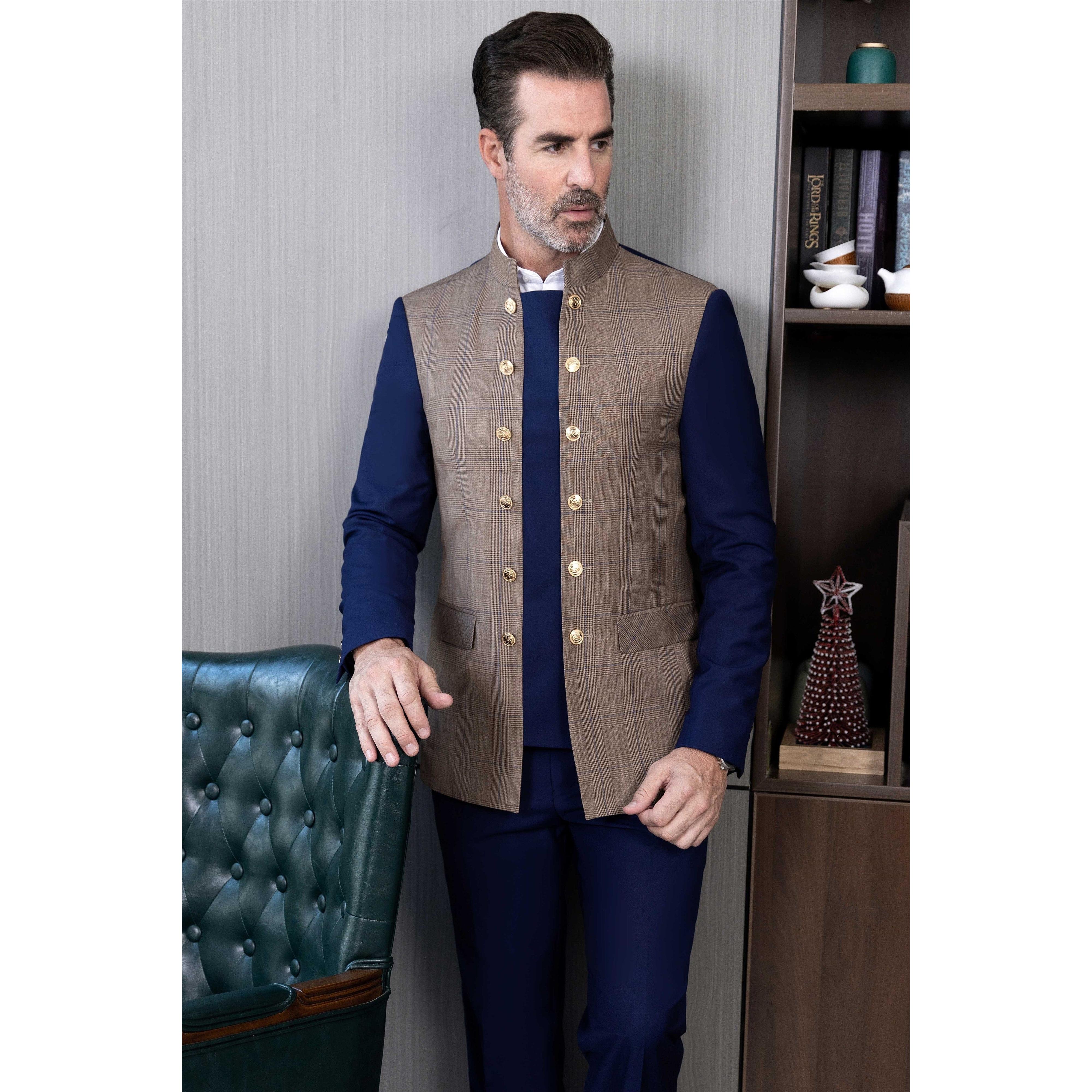 ceehuteey Men's 3 Pieces Stand Collar Chinese Classic Design Plaid Suits(Blazer+Pants)