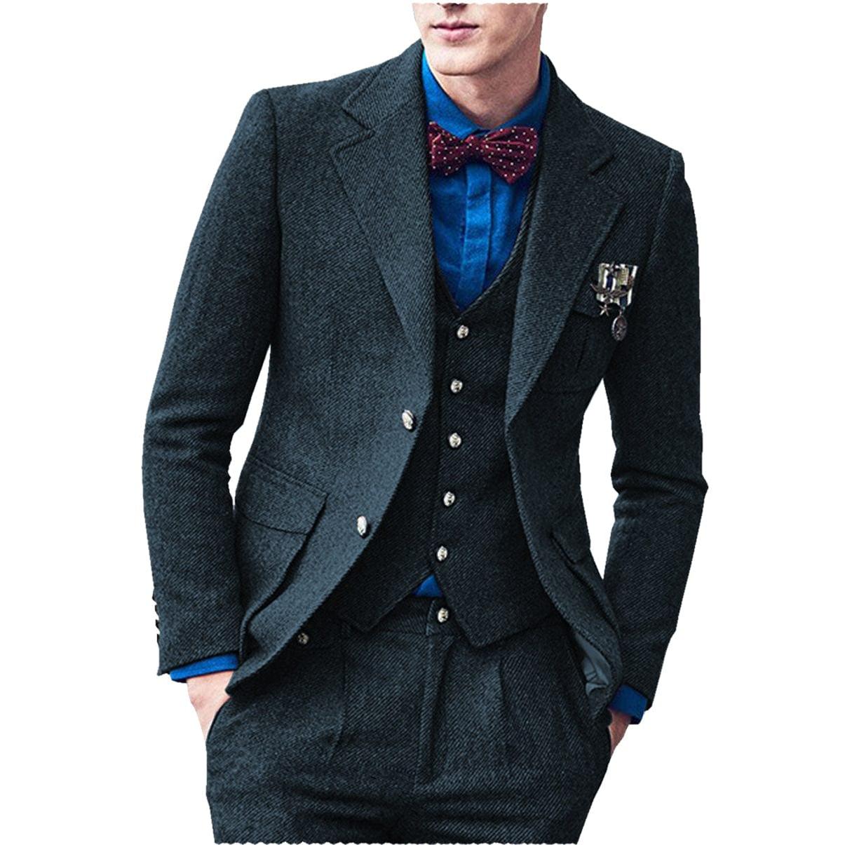 ceehuteey Men's 3 Pieces Suit Classic Bussiness Herringbone Tweed Peak Lapel Gent Tuxedos (Blazer+Vest+Pants)