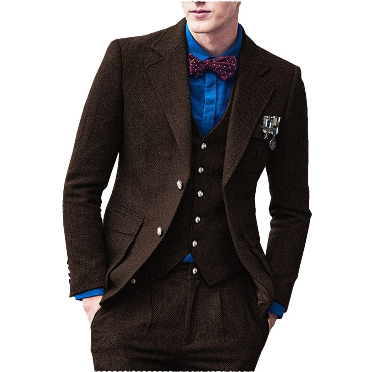 ceehuteey Men's 3 Pieces Suit Classic Bussiness Herringbone Tweed Peak Lapel Gent Tuxedos (Blazer+Vest+Pants)