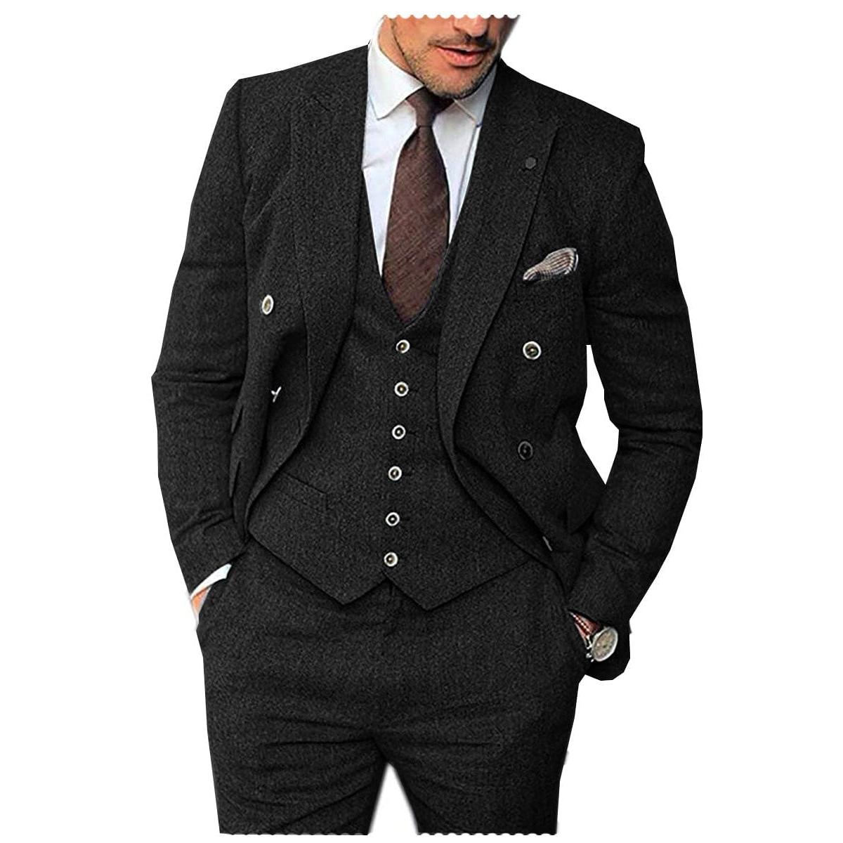 ceehuteey Men's 3 Pieces Suit Classic Herringbone Tweed Peak Lapel Gent Tuxedos (Blazer+vest+Pants)