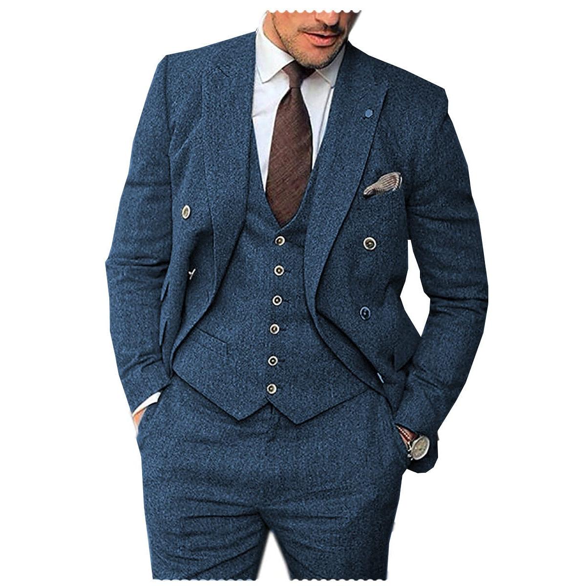 ceehuteey Men's 3 Pieces Suit Classic Herringbone Tweed Peak Lapel Gent Tuxedos (Blazer+vest+Pants)