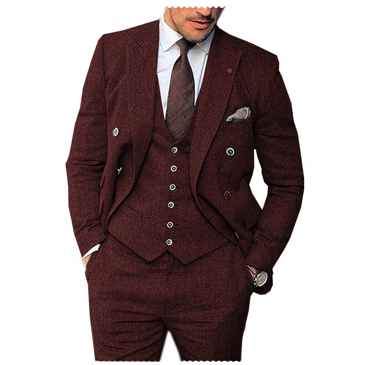 ceehuteey Men's 3 Pieces Suit Classic Herringbone Tweed Peak Lapel Gent Tuxedos (Blazer+vest+Pants)
