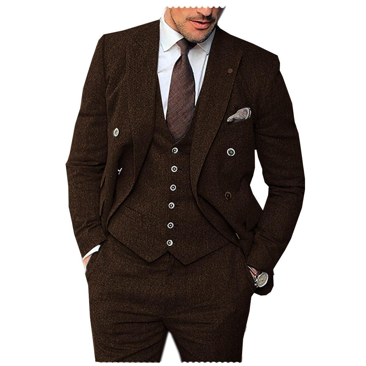 ceehuteey Men's 3 Pieces Suit Classic Herringbone Tweed Peak Lapel Gent Tuxedos (Blazer+vest+Pants)