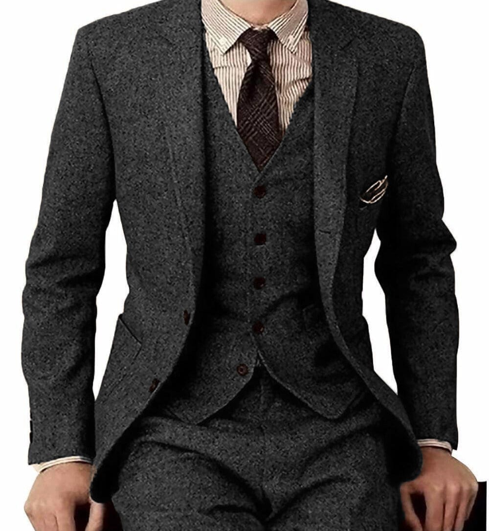 ceehuteey Men's 3 Pieces Suit Classic Tweed Notch Lapel Tuxedos Prom(Blazer+vest+Pants)