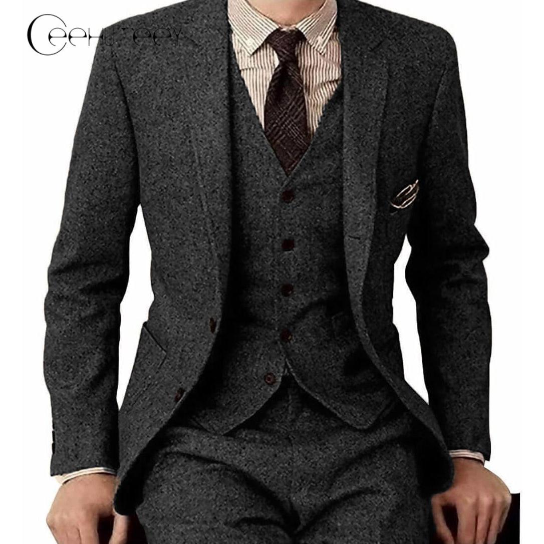 ceehuteey Men's 3 Pieces Suit Classic Tweed Notch Lapel Tuxedos Prom(Blazer+vest+Pants)