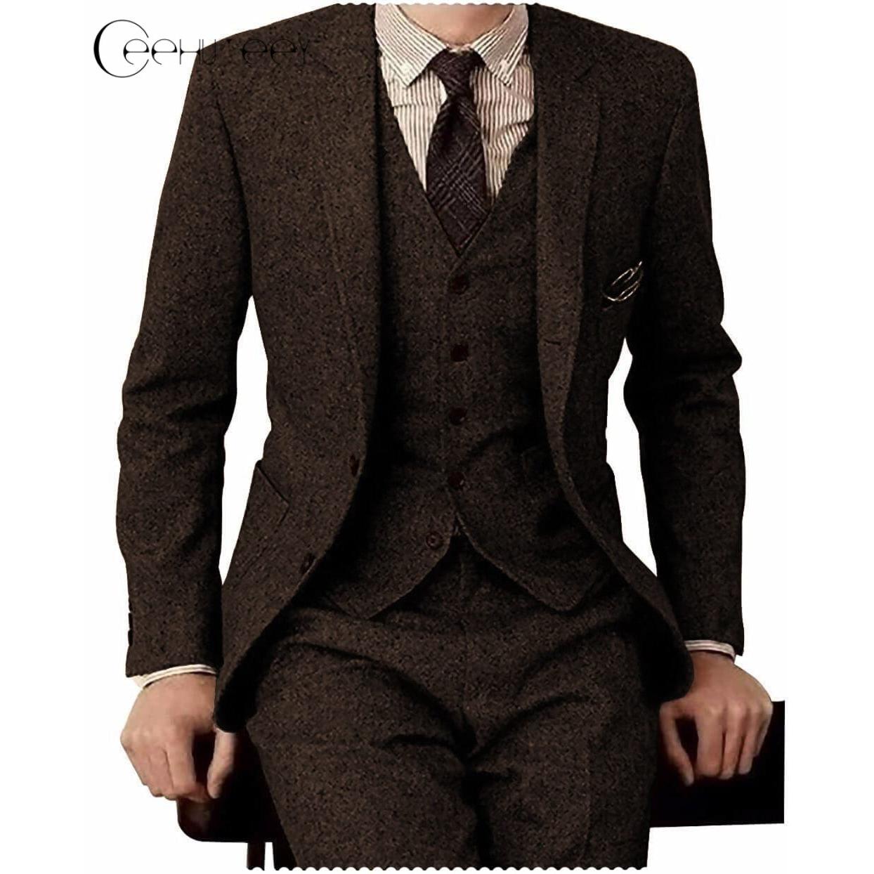 ceehuteey Men's 3 Pieces Suit Classic Tweed Notch Lapel Tuxedos Prom(Blazer+vest+Pants)