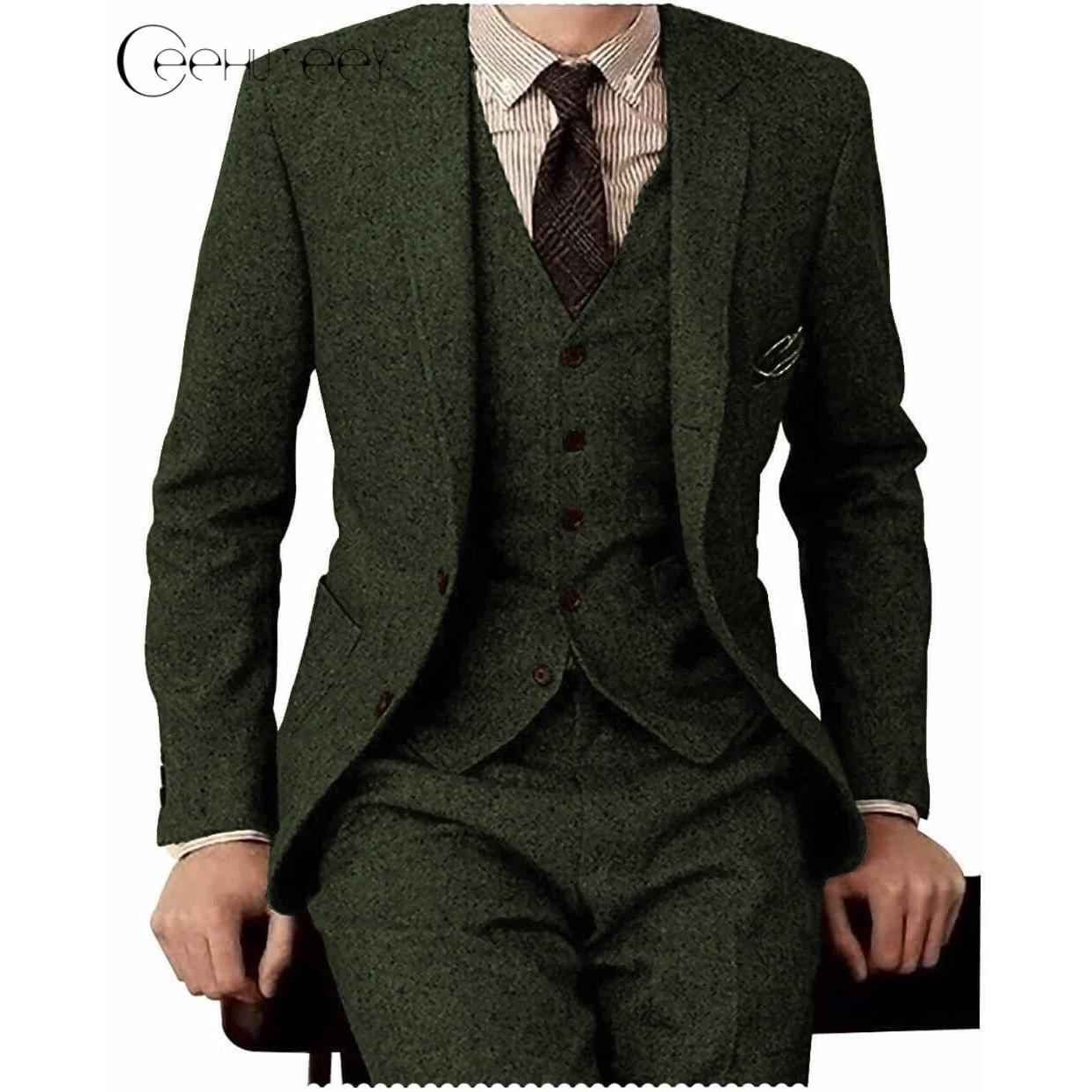 ceehuteey Men's 3 Pieces Suit Classic Tweed Notch Lapel Tuxedos Prom(Blazer+vest+Pants)