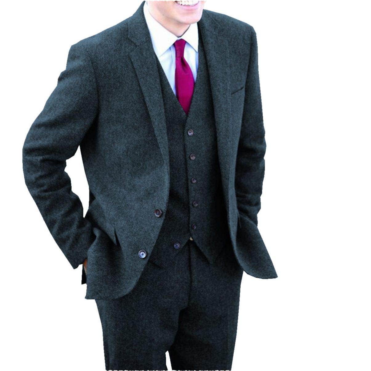 ceehuteey Men's 3 Pieces Suit Fashion Herringbone Tweed Notch Lapel Gent Tuxedos (Blazer+Vest+Pants)