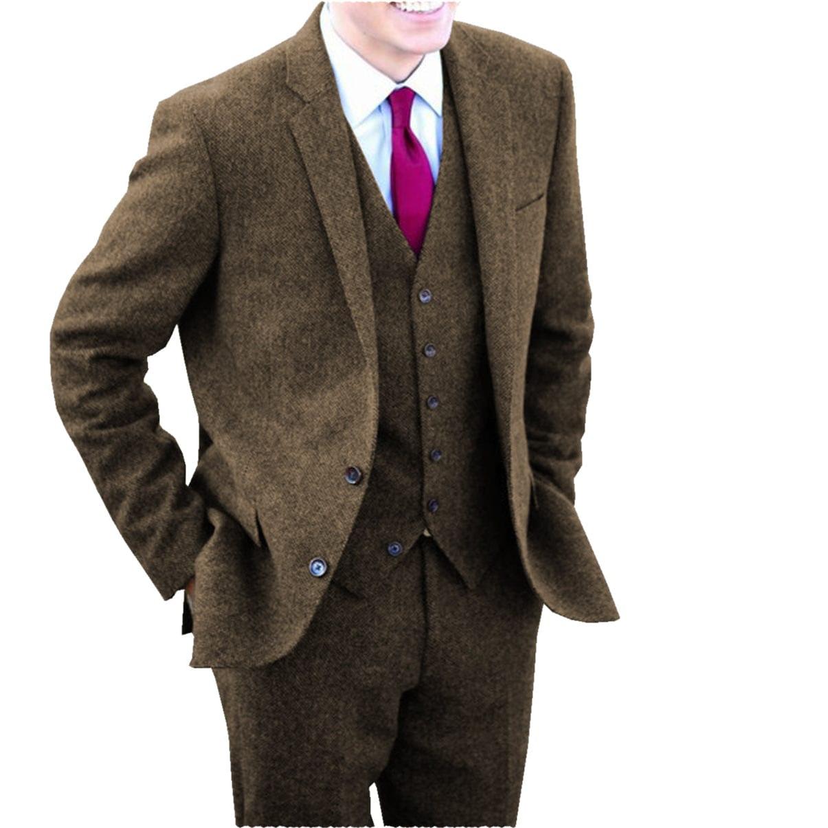 ceehuteey Men's 3 Pieces Suit Fashion Herringbone Tweed Notch Lapel Gent Tuxedos (Blazer+Vest+Pants)