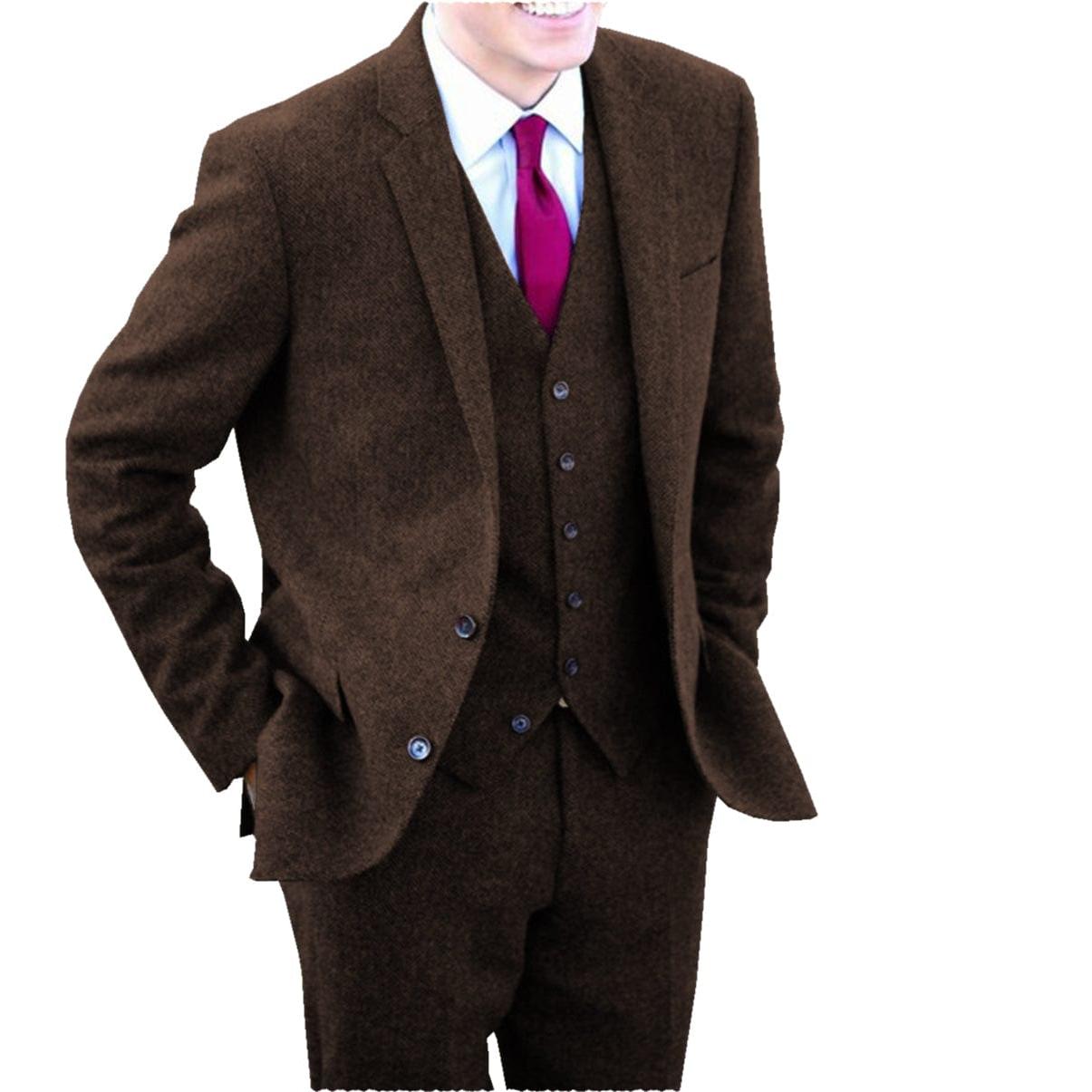 ceehuteey Men's 3 Pieces Suit Fashion Herringbone Tweed Notch Lapel Gent Tuxedos (Blazer+Vest+Pants)