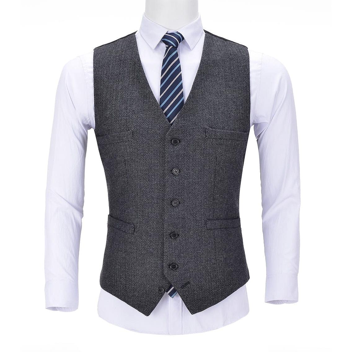 ceehuteey Men's Business Suit Vest V Neck Herringbone Dress Waistcoat