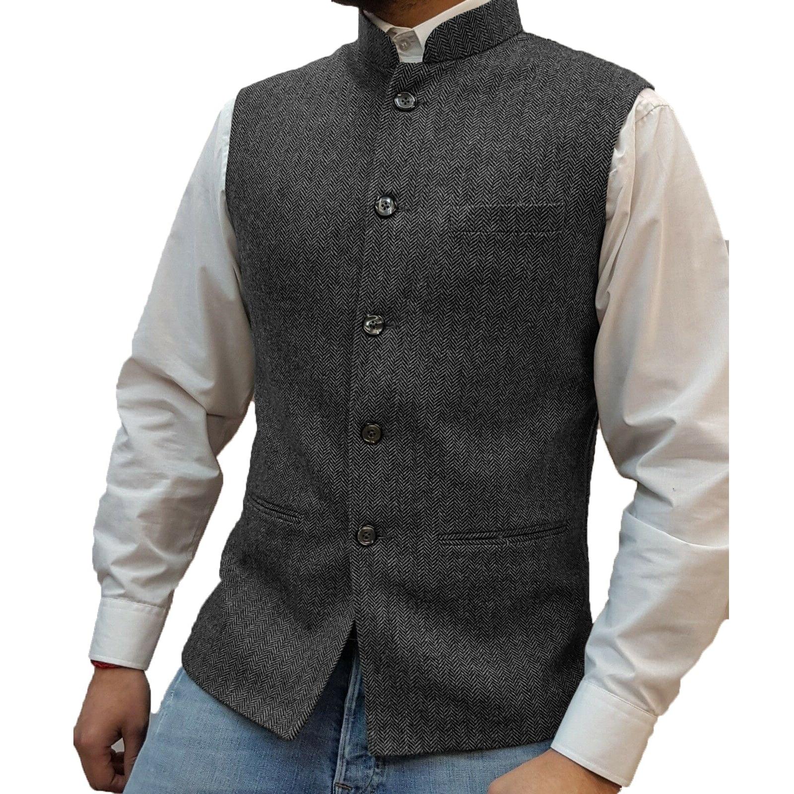ceehuteey Men's Casual Slim Fit herringbone Stand Collar Waistcoat