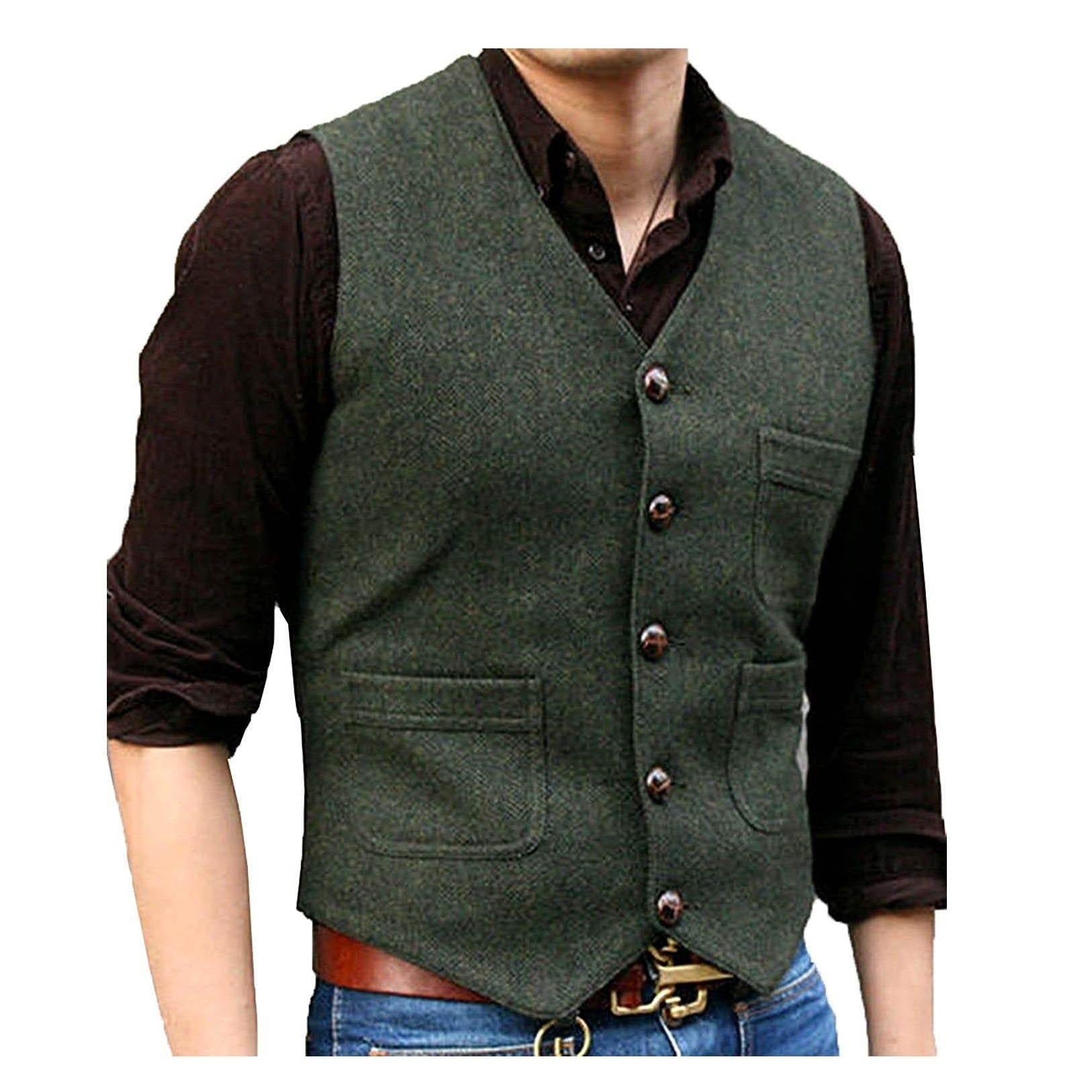 ceehuteey Men's Casual Tweed Herringbone V Neck Waistcoat