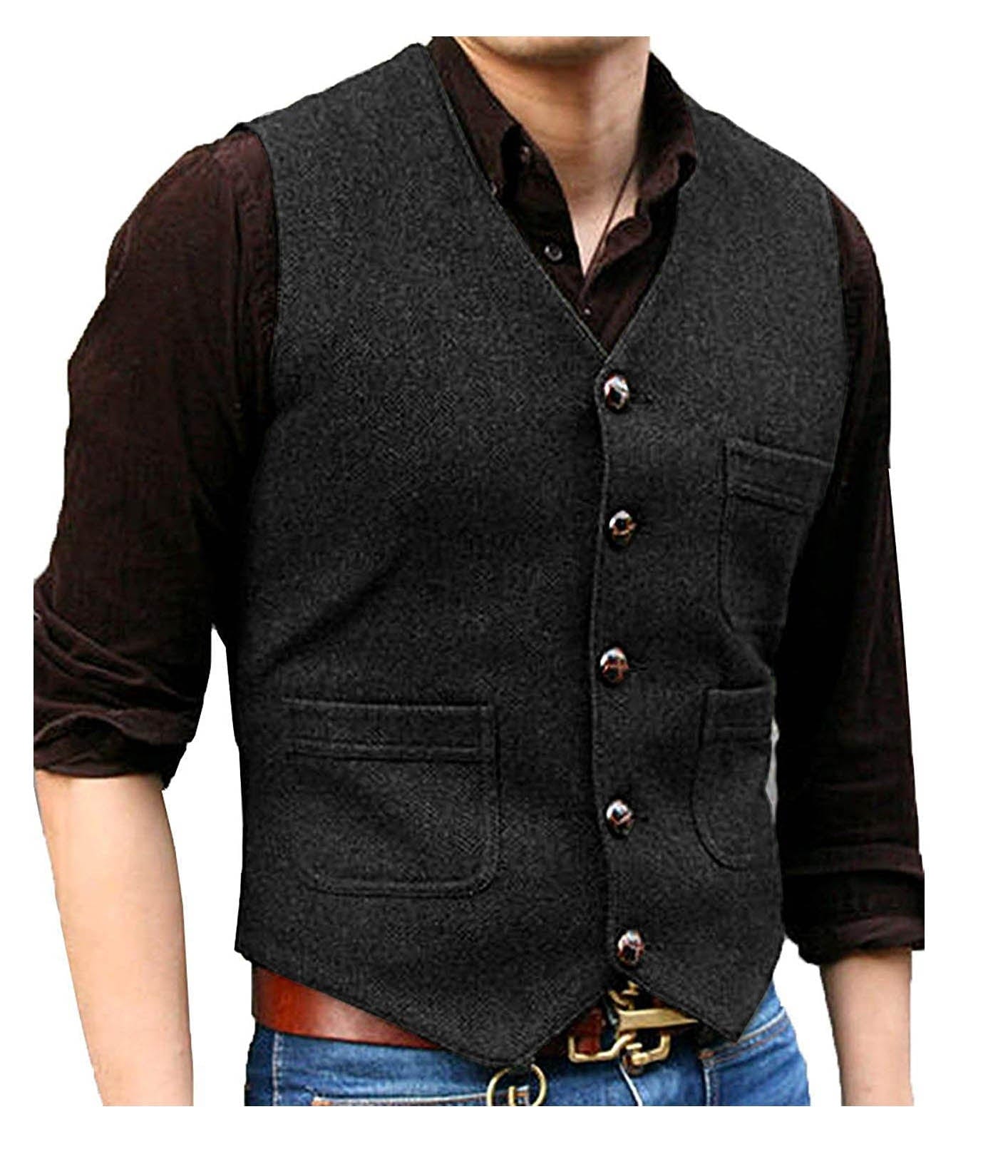 ceehuteey Men's Casual Tweed Herringbone V Neck Waistcoat