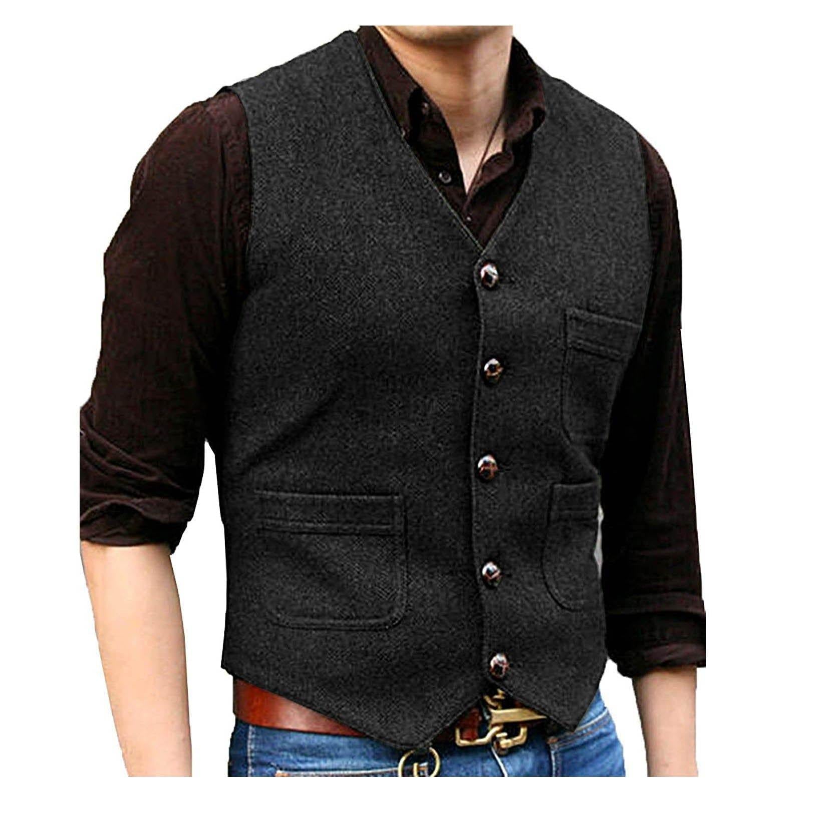 ceehuteey Men's Casual Tweed Herringbone V Neck Waistcoat