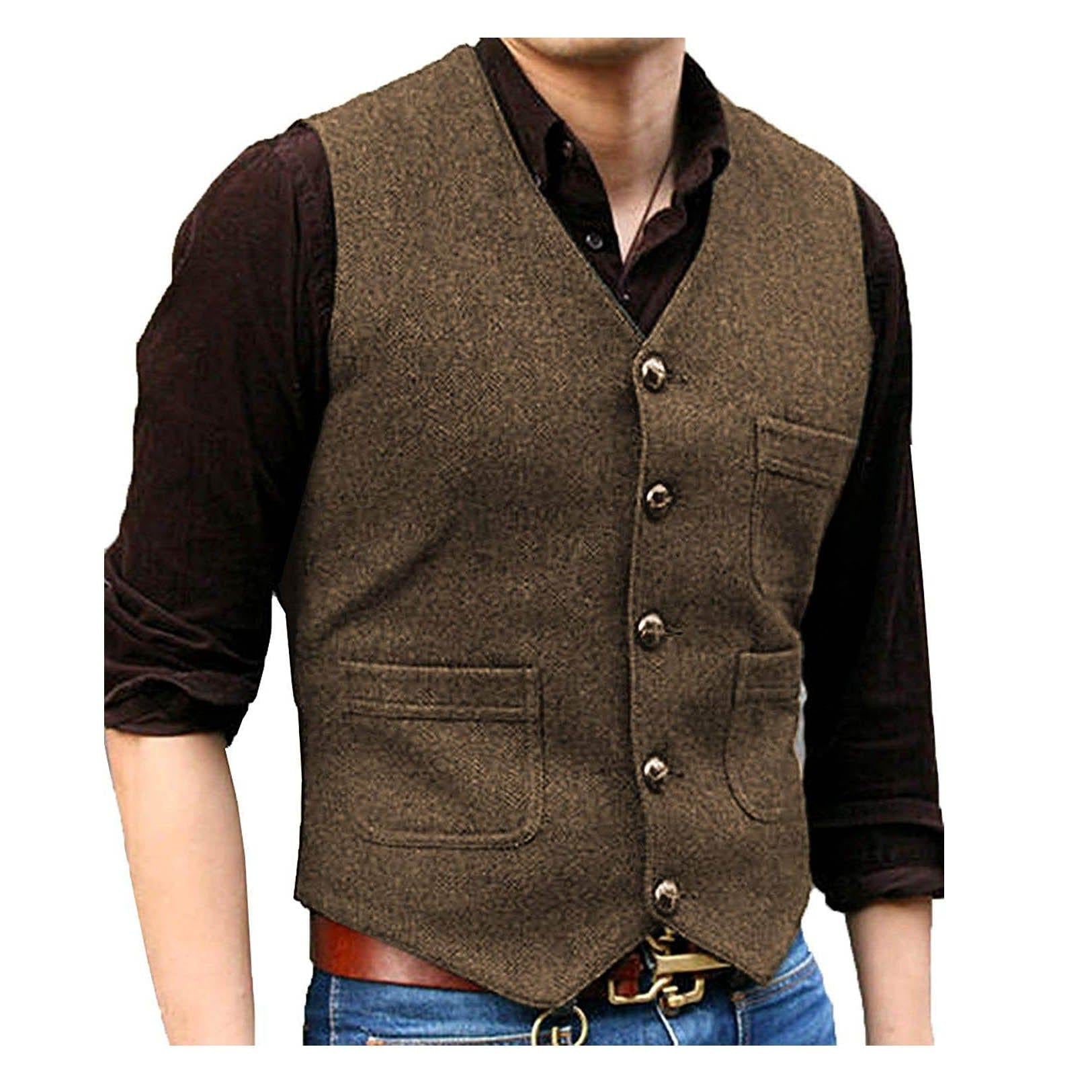 ceehuteey Men's Casual Tweed Herringbone V Neck Waistcoat