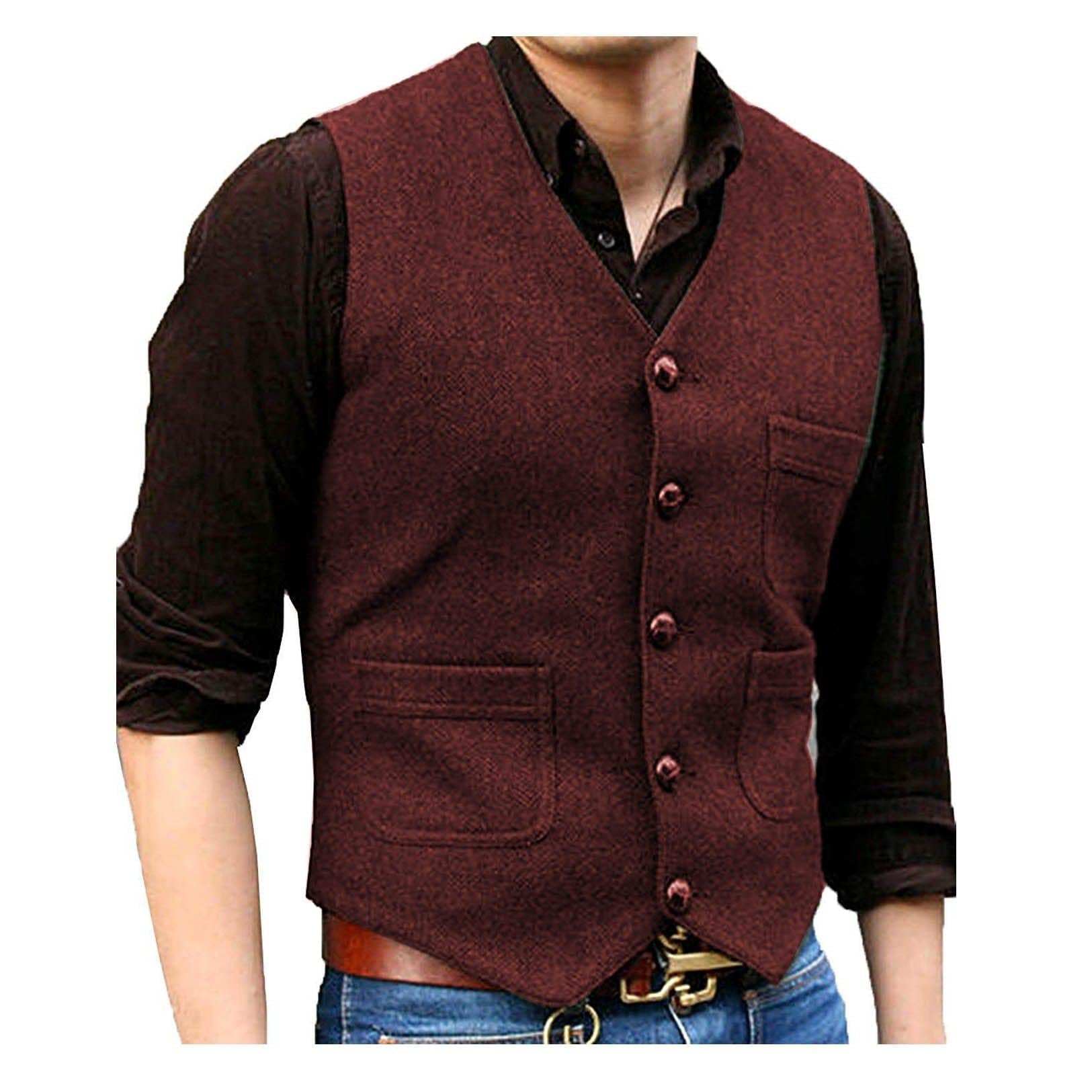ceehuteey Men's Casual Tweed Herringbone V Neck Waistcoat