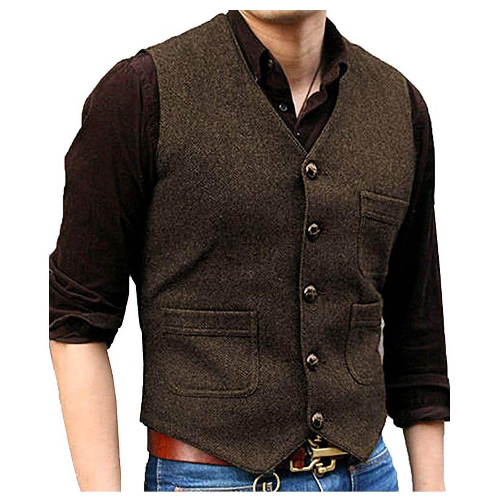 ceehuteey Men's Casual Tweed Herringbone V Neck Waistcoat