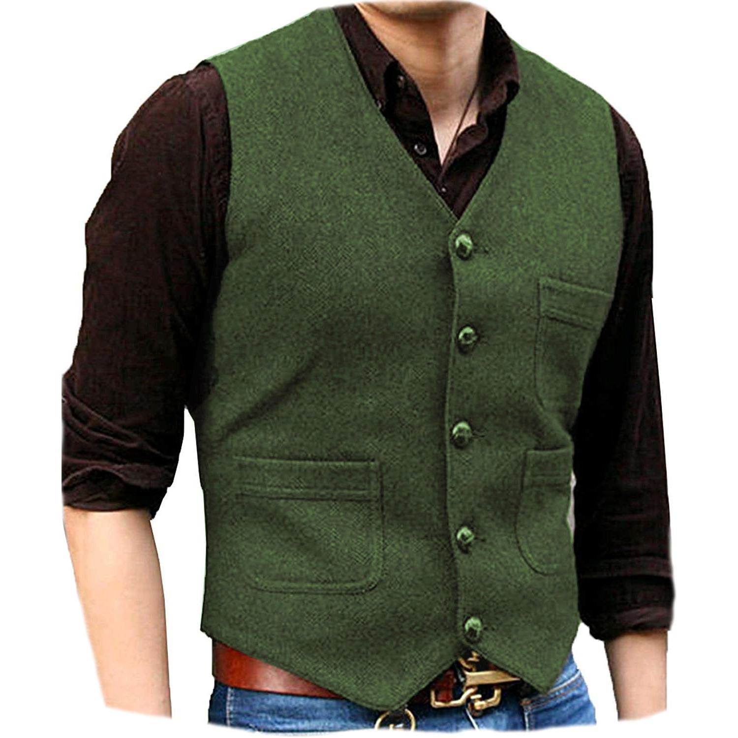 ceehuteey Men's Casual Tweed Herringbone V Neck Waistcoat
