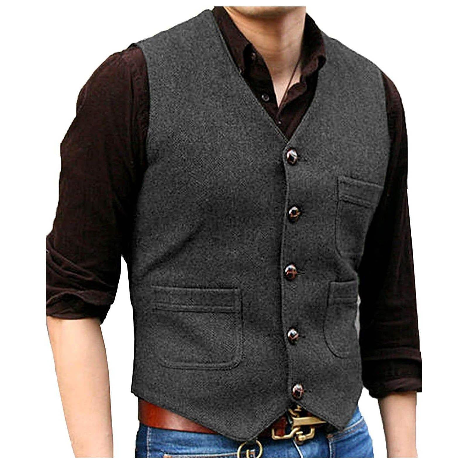 ceehuteey Men's Casual Tweed Herringbone V Neck Waistcoat