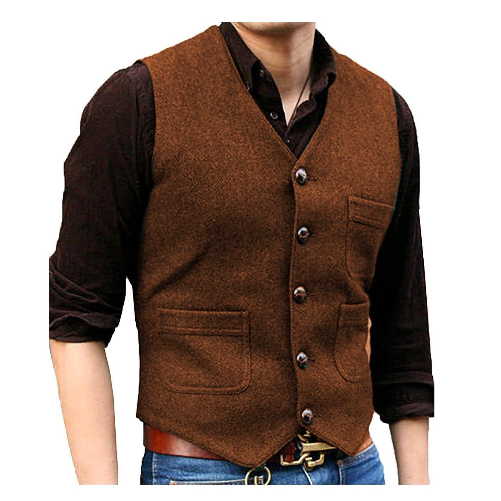 ceehuteey Men's Casual Tweed Herringbone V Neck Waistcoat