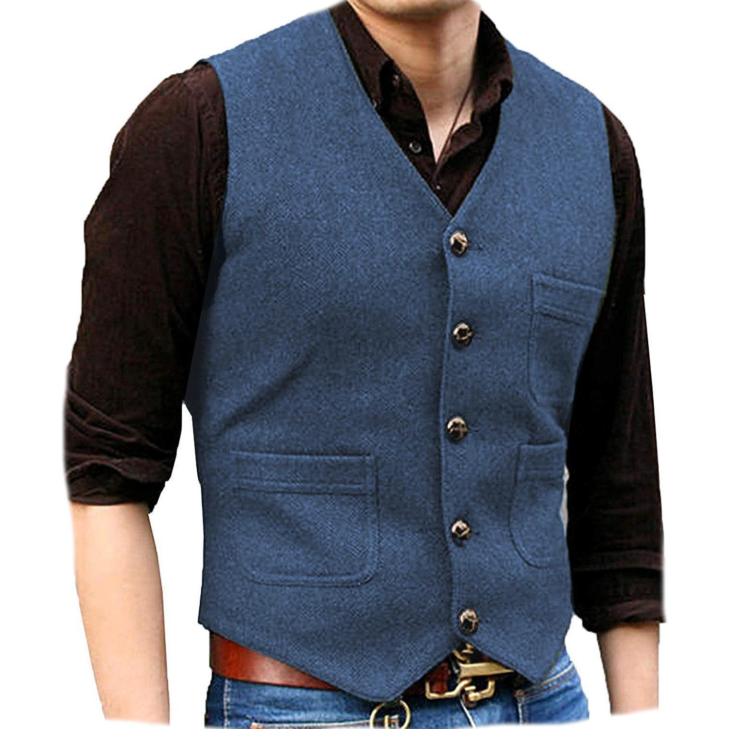 ceehuteey Men's Casual Tweed Herringbone V Neck Waistcoat