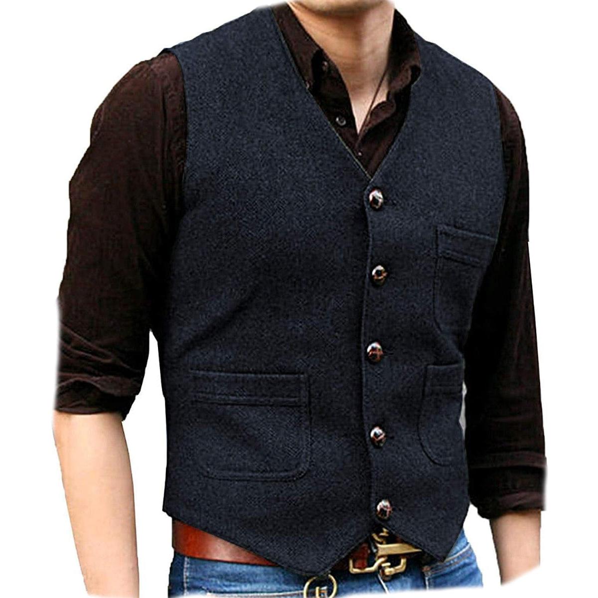 ceehuteey Men's Casual Tweed Herringbone V Neck Waistcoat