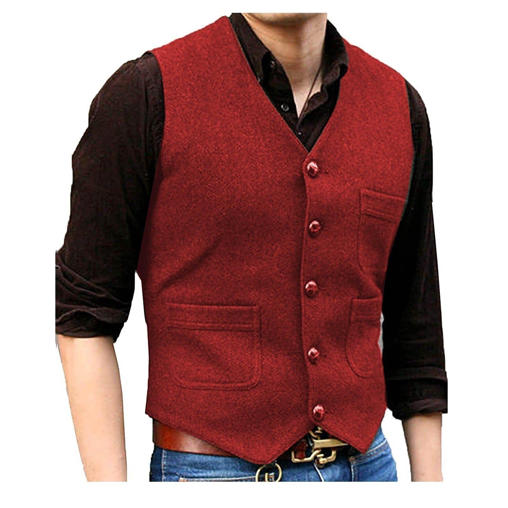 ceehuteey Men's Casual Tweed Herringbone V Neck Waistcoat
