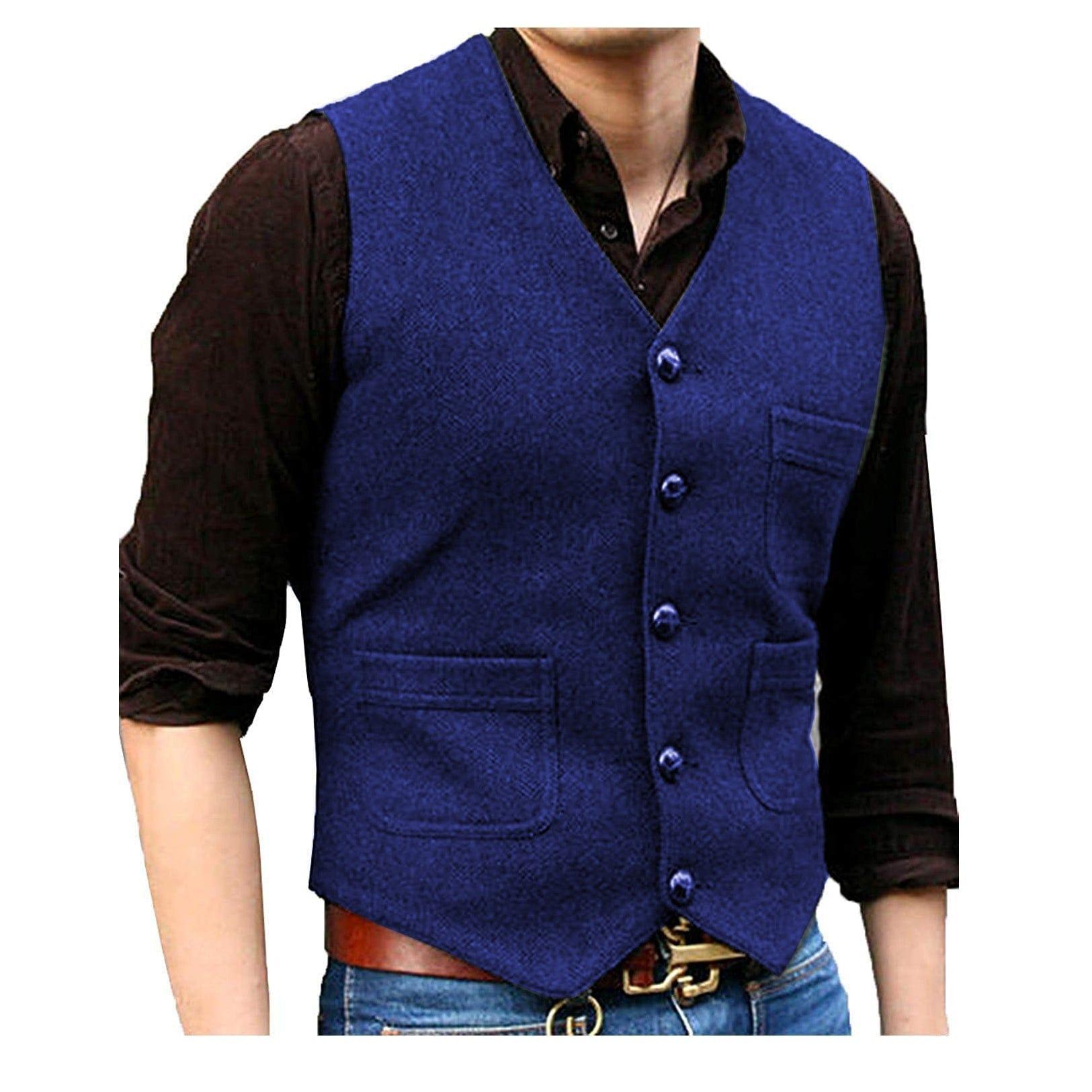 ceehuteey Men's Casual Tweed Herringbone V Neck Waistcoat