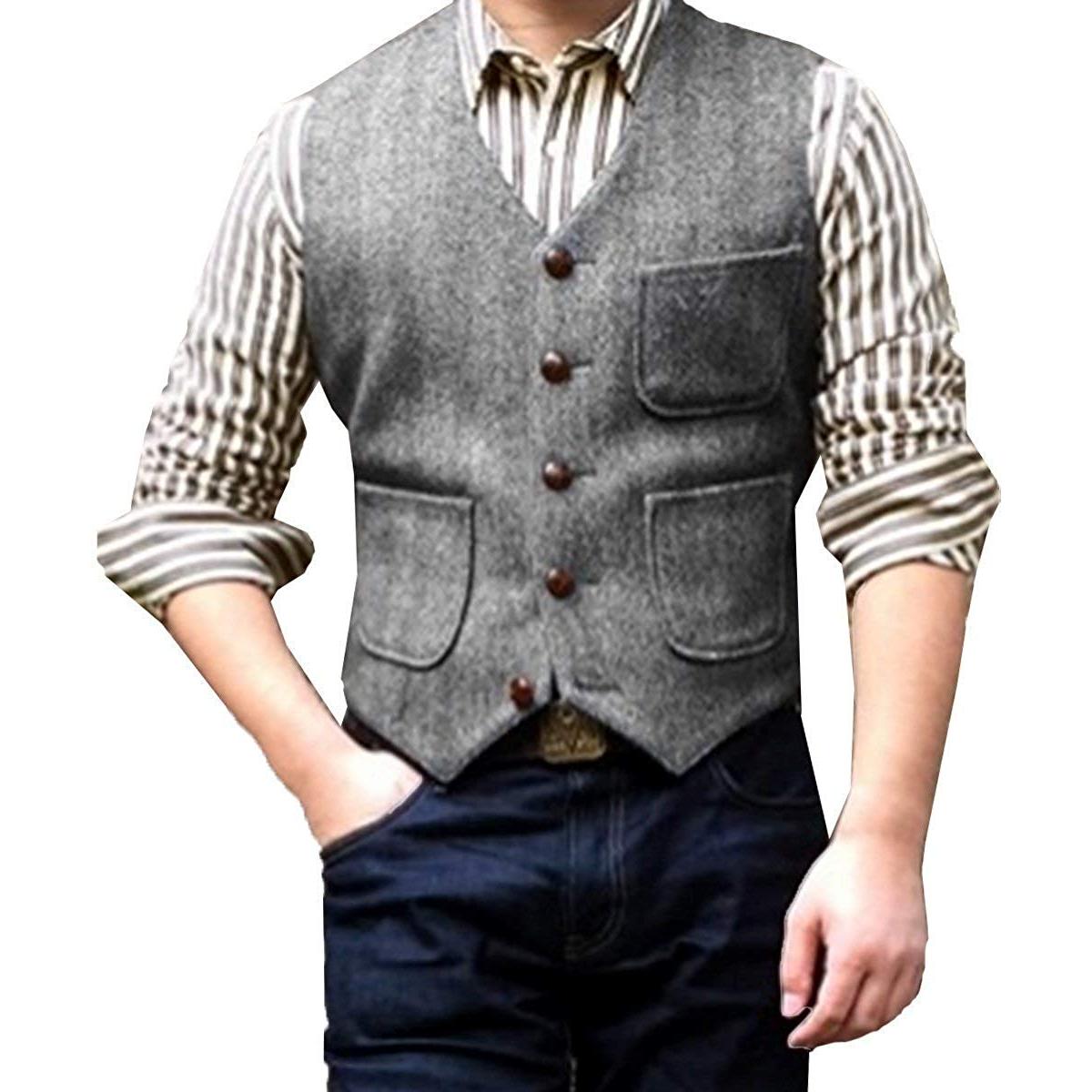 ceehuteey Men's Casual Tweed Herringbone V Neck Waistcoat