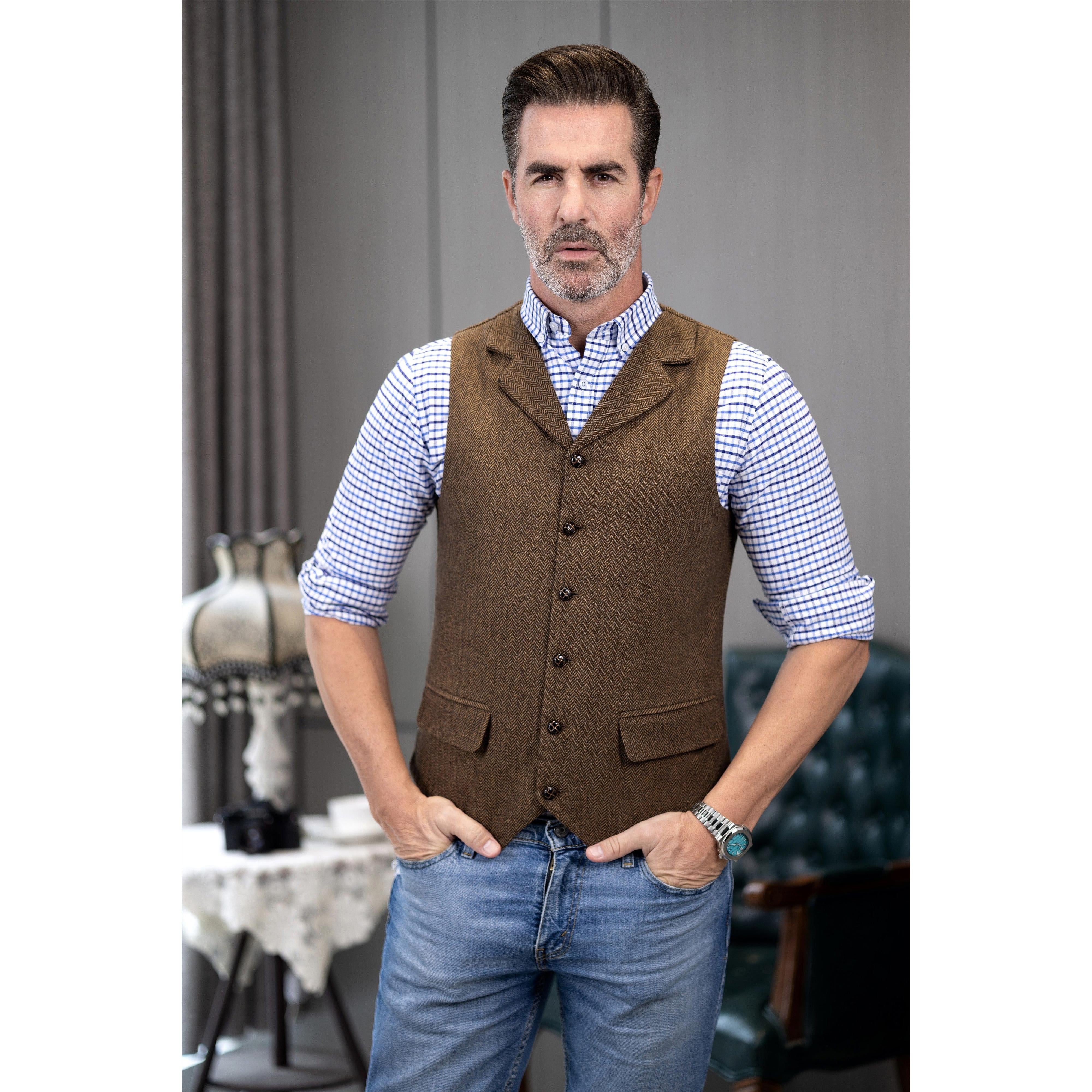 ceehuteey Men's Casual Vest Tweed Herringbone  Notch Lapel Waistcoat