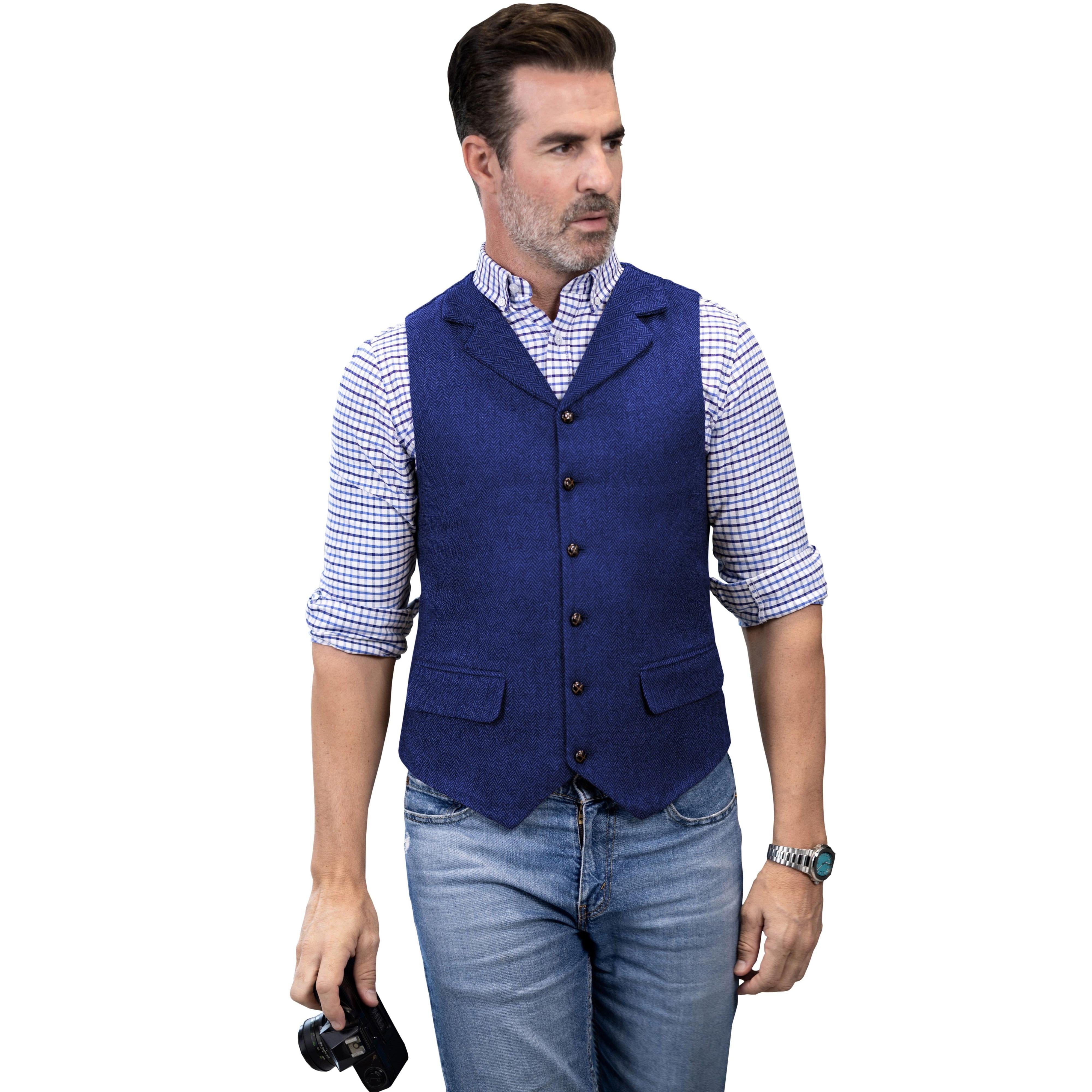 ceehuteey Men's Casual Vest Tweed Herringbone  Notch Lapel Waistcoat