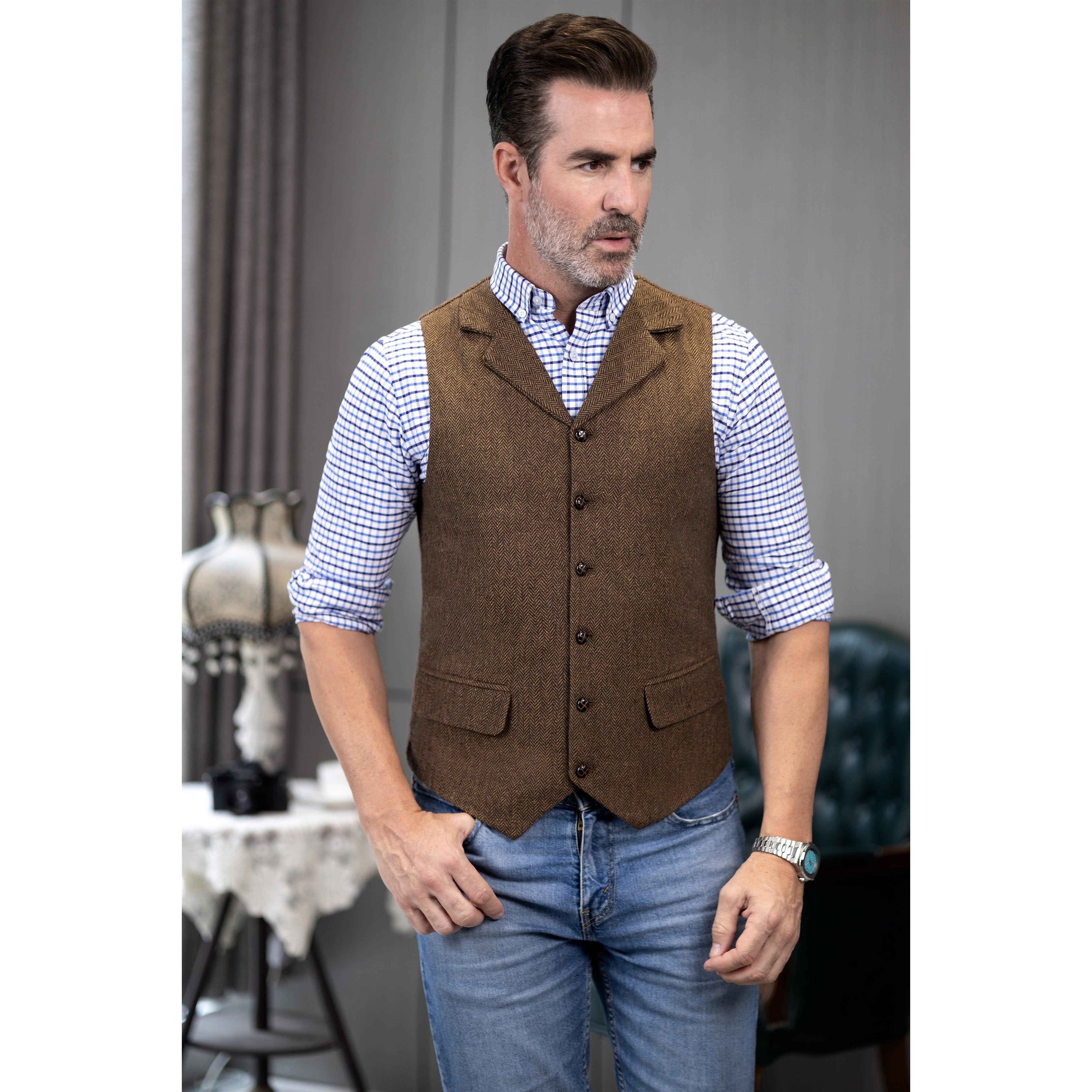 ceehuteey Men's Casual Vest Tweed Herringbone  Notch Lapel Waistcoat