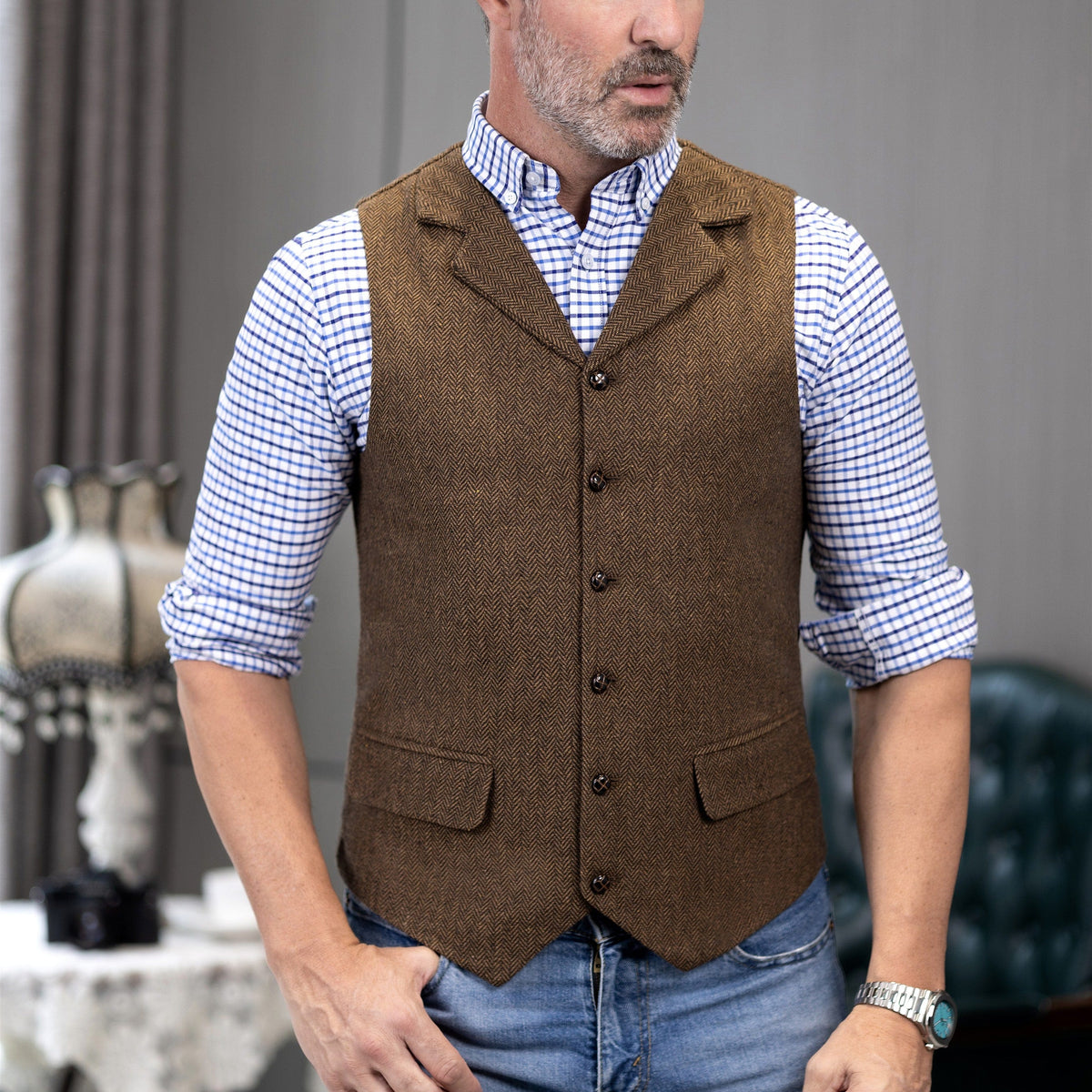 Ceehuteey Men's Casual Vest Tweed Herringbone Notch Lapel