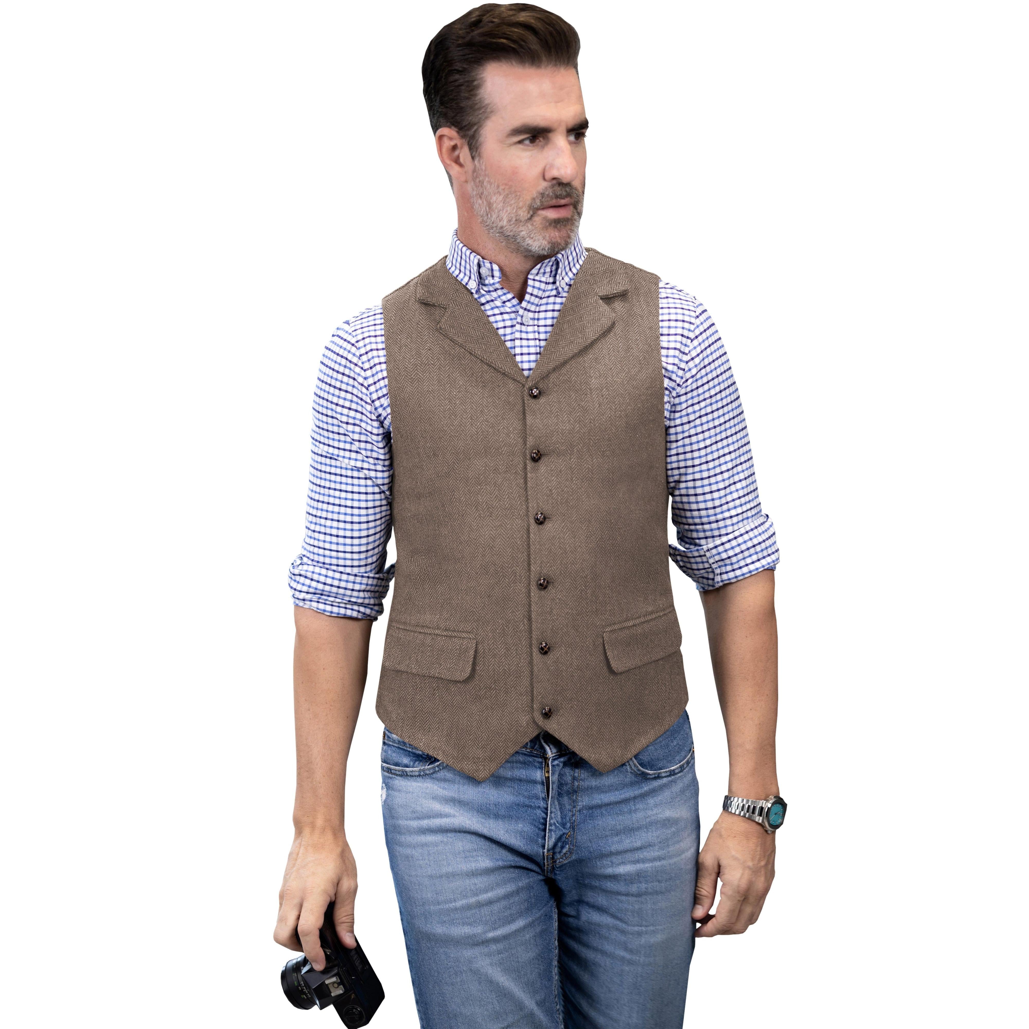 ceehuteey Men's Casual Vest Tweed Herringbone  Notch Lapel Waistcoat